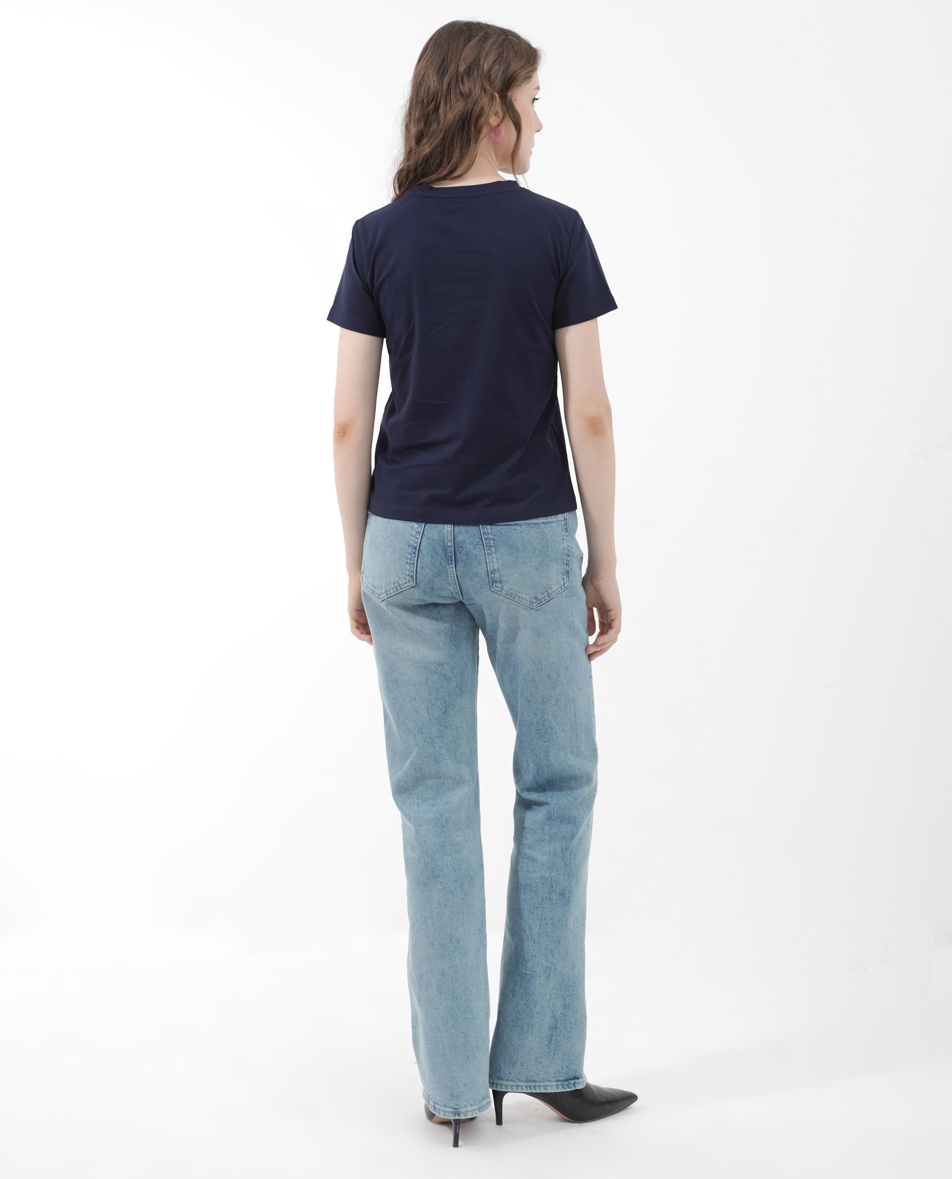 Rareism Women Strudant Dark Navy Cotton Elastane Fabric Crew Neck Knit Solid T-Shirt