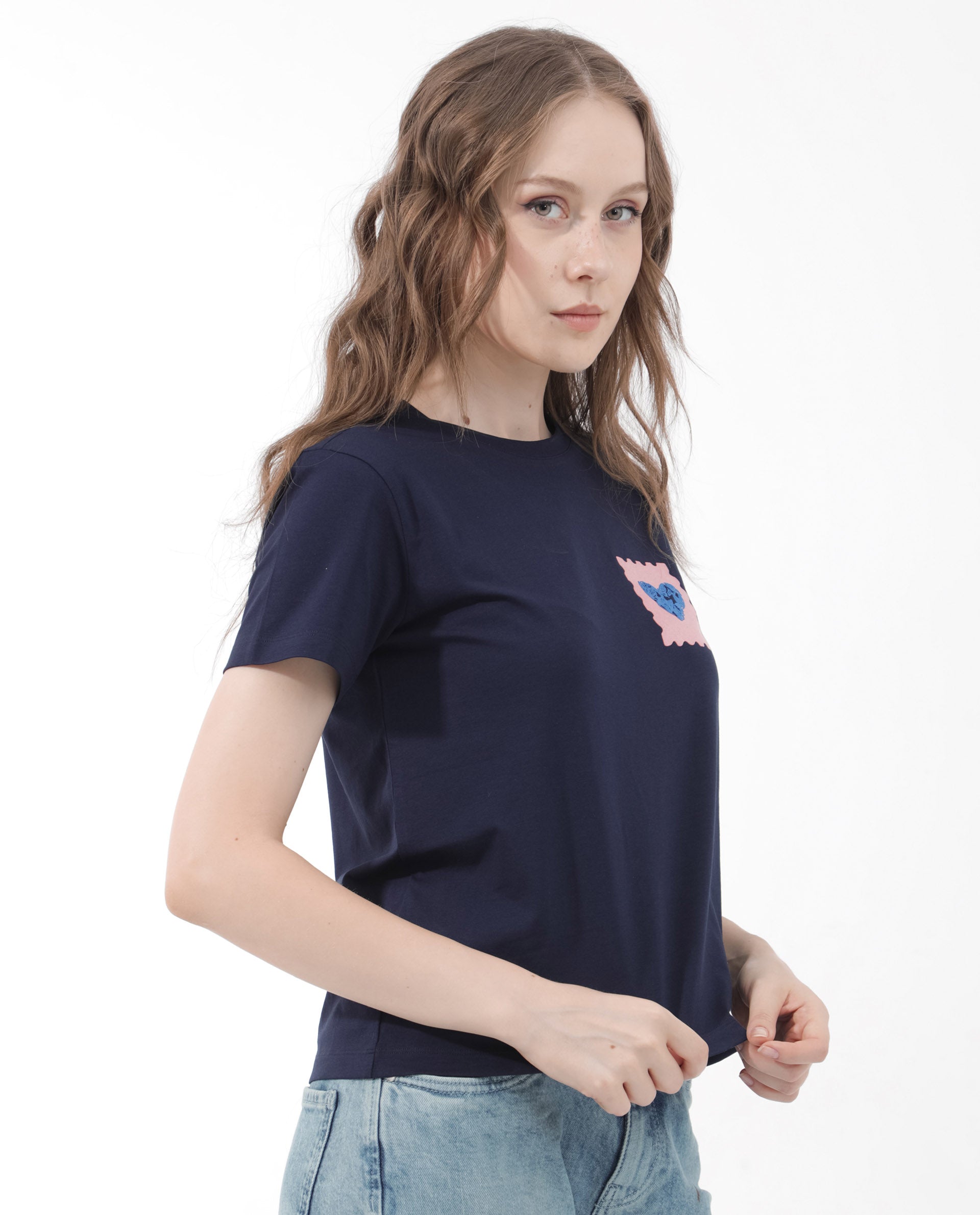 Rareism Women Strudant Dark Navy Cotton Elastane Fabric Crew Neck Knit Solid T-Shirt