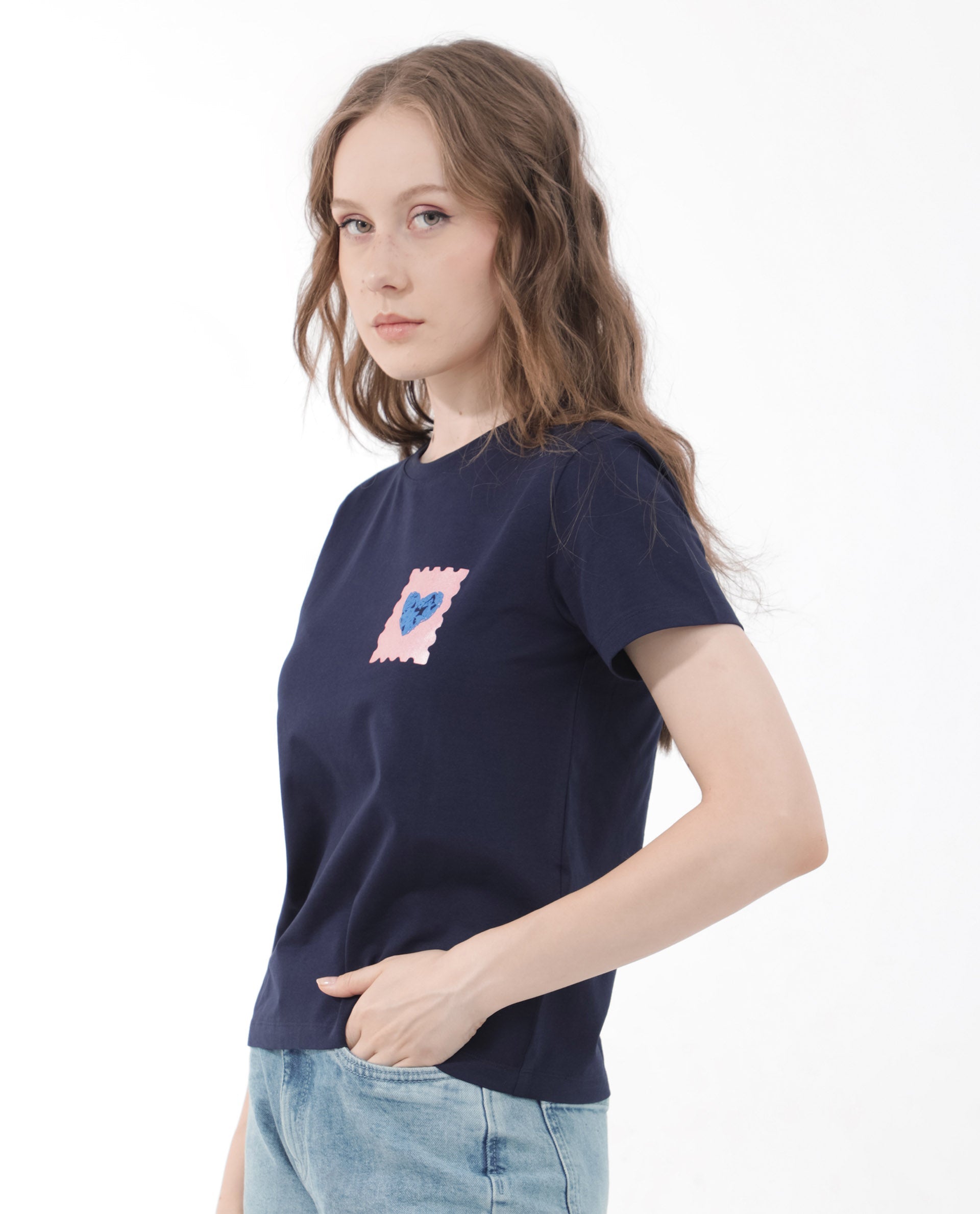 Rareism Women Strudant Dark Navy Cotton Elastane Fabric Crew Neck Knit Solid T-Shirt