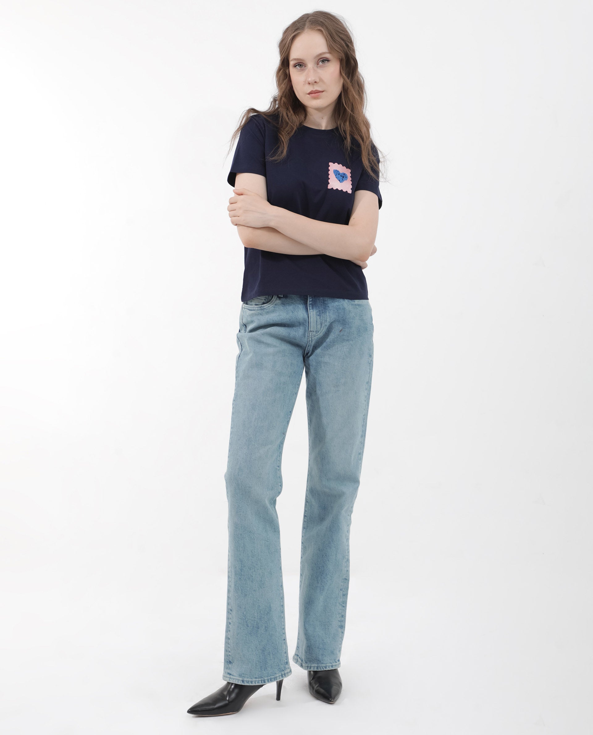 Rareism Women Strudant Dark Navy Cotton Elastane Fabric Crew Neck Knit Solid T-Shirt