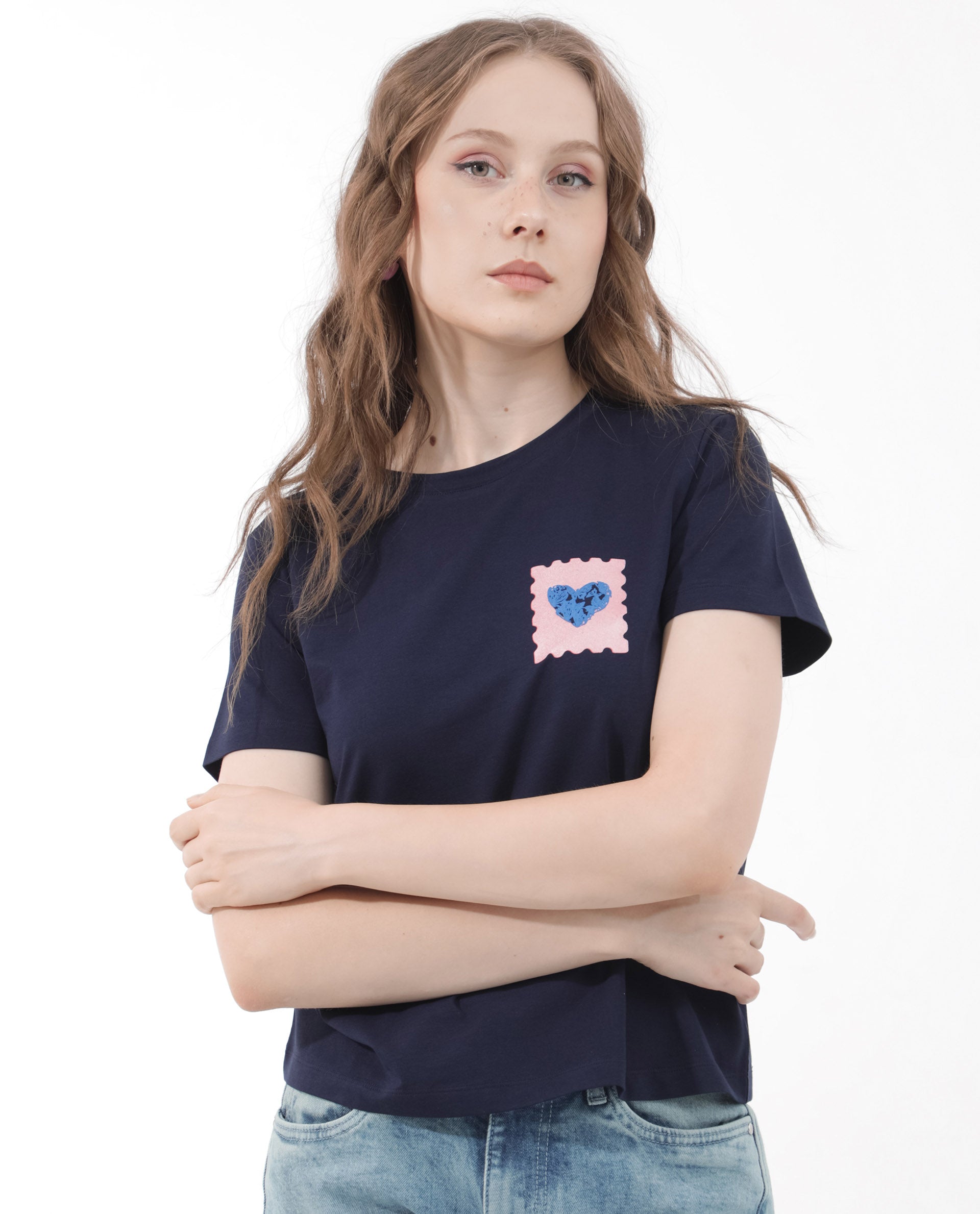 Rareism Women Strudant Dark Navy Cotton Elastane Fabric Crew Neck Knit Solid T-Shirt