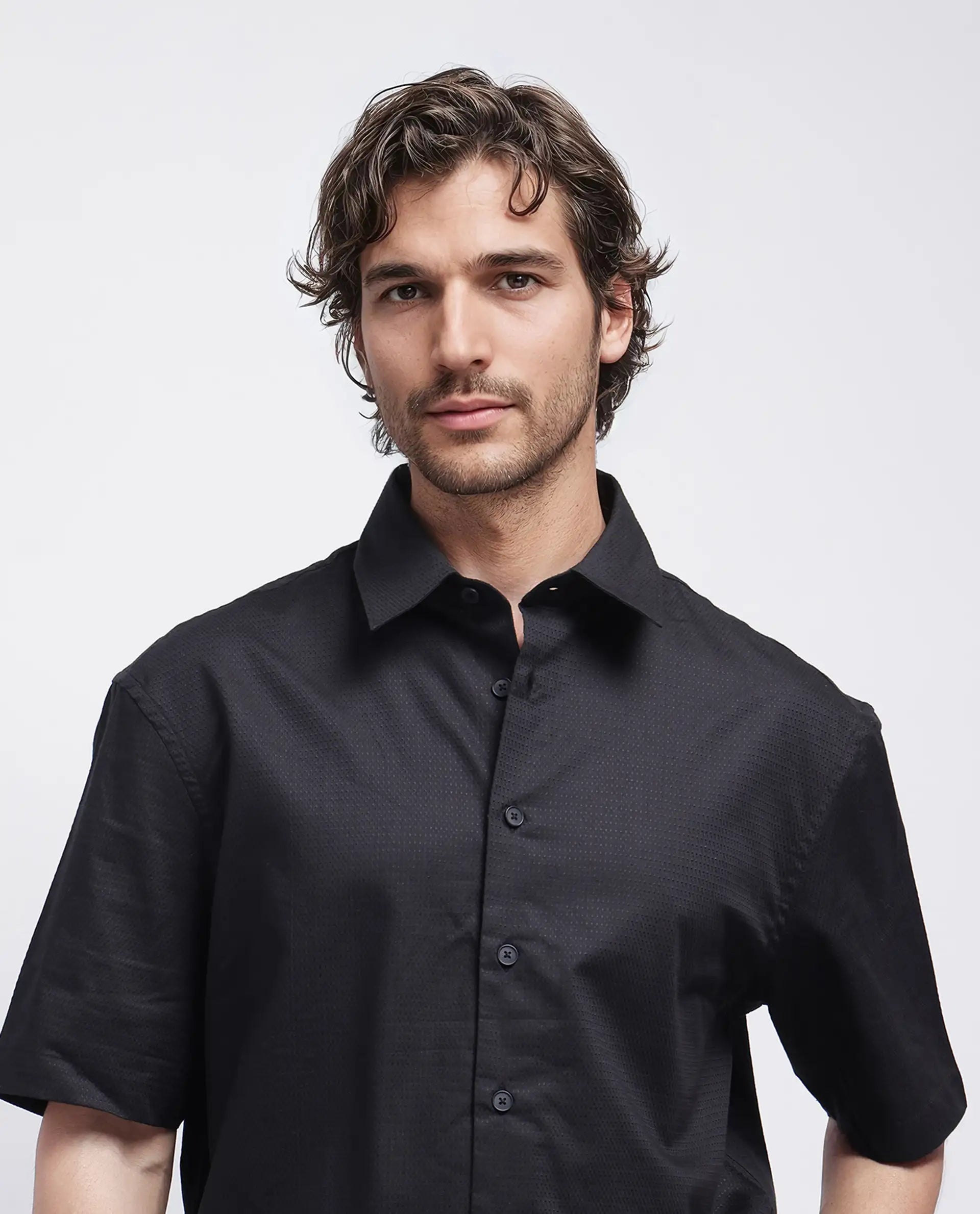 Rare Rabbit Men's Stum Ss Black Cotton Plain Regular Fit Half Sleeve Collared Shirt