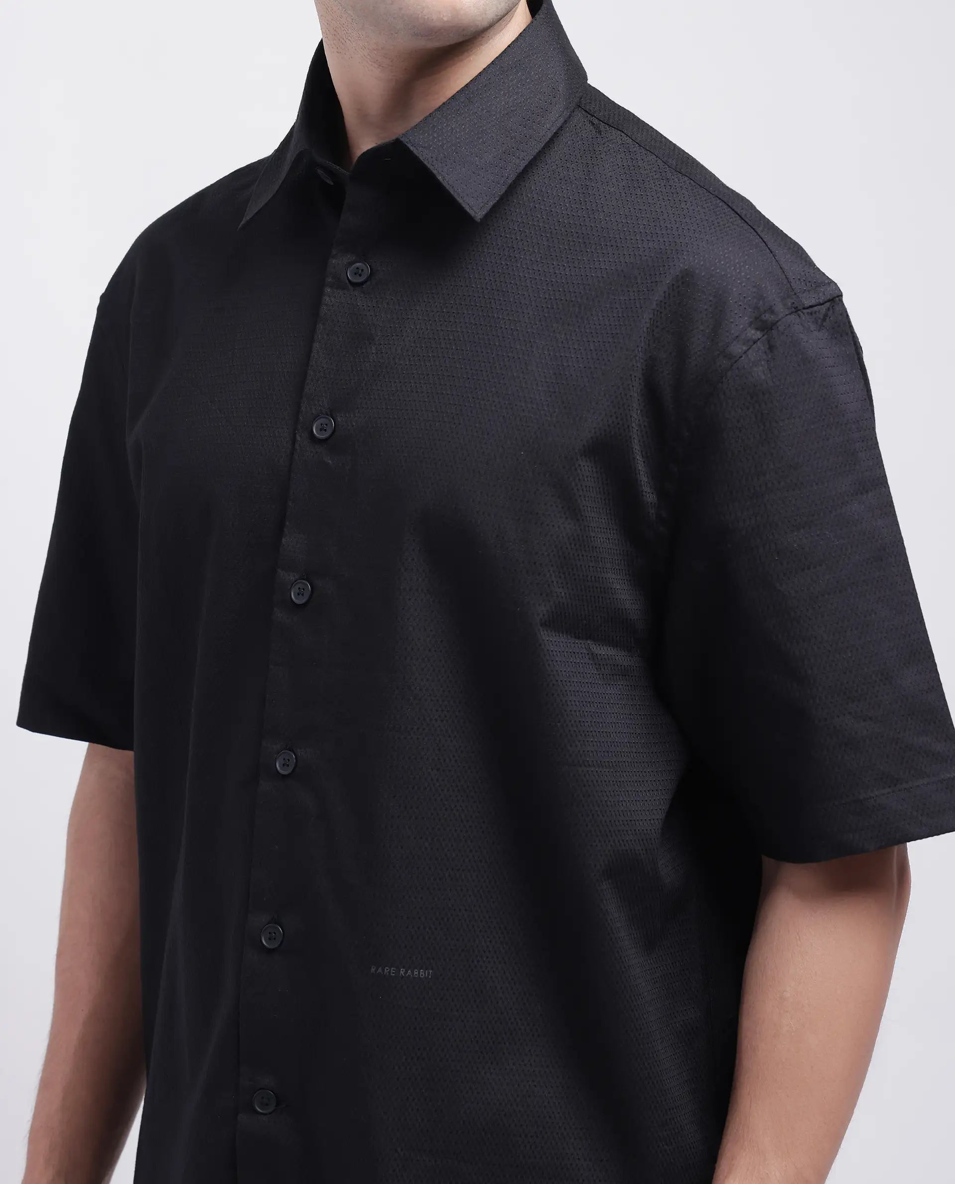 Rare Rabbit Men's Stum Ss Black Cotton Plain Regular Fit Half Sleeve Collared Shirt
