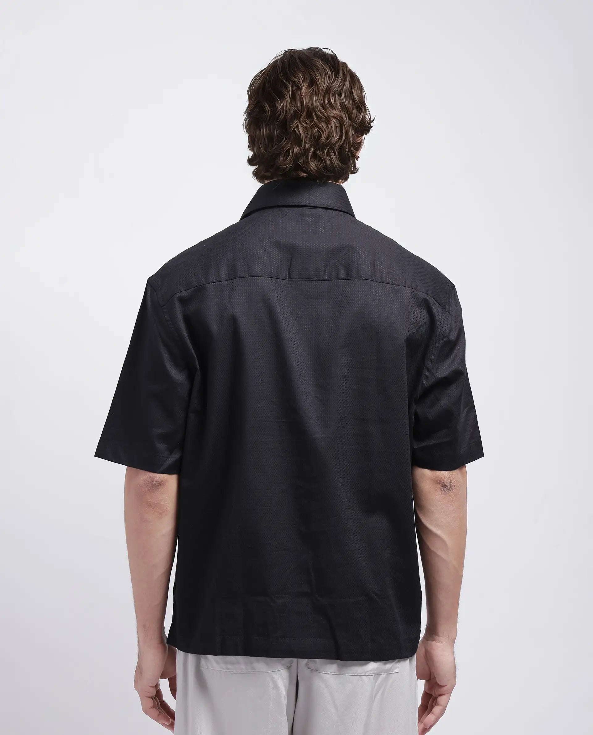 Rare Rabbit Men's Stum Ss Black Cotton Plain Regular Fit Half Sleeve Collared Shirt