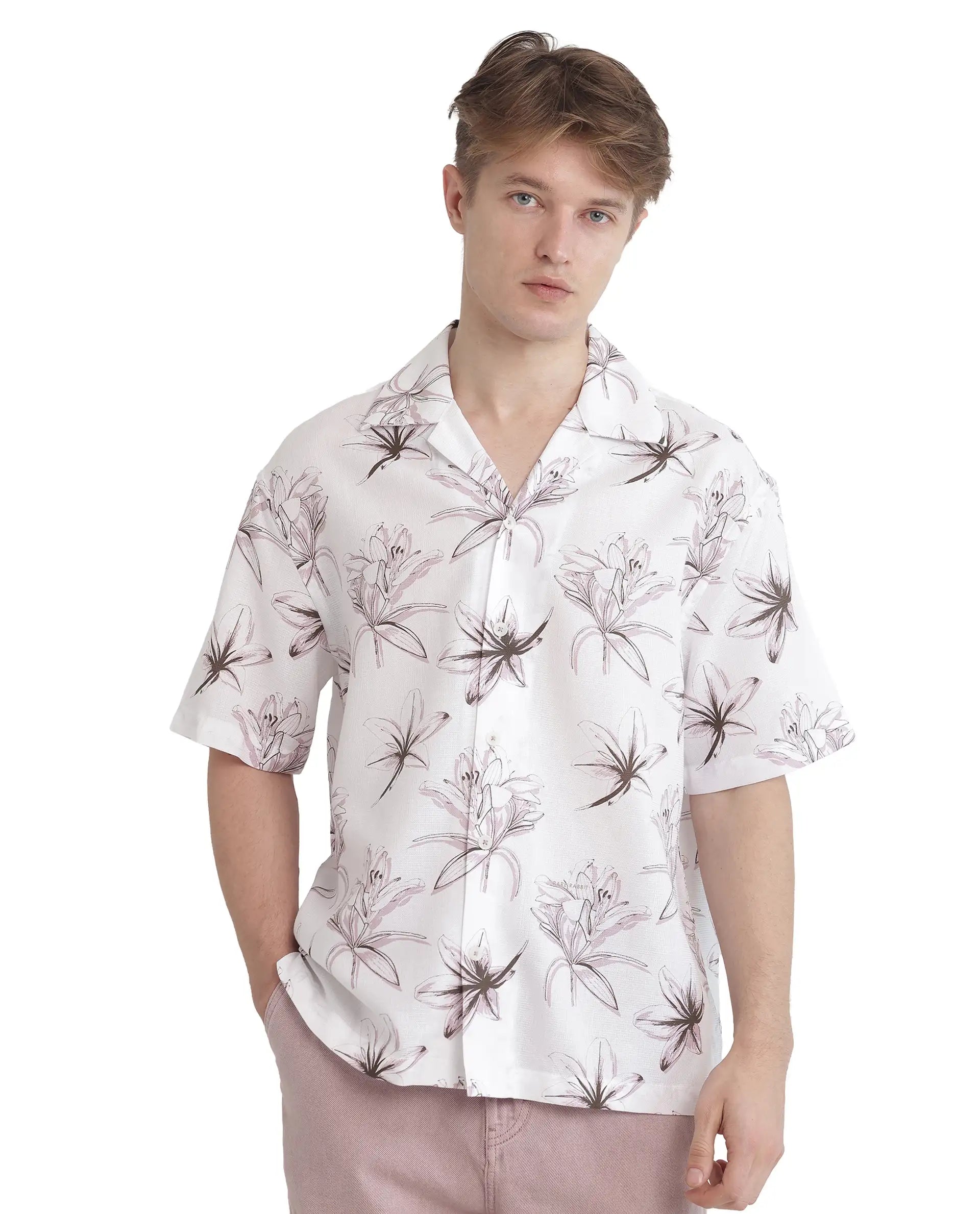 Rare Rabbit Men's Strup White Cotton Fabric Short Sleeve Cuban Collared Button Closure Floral Printed Shirt