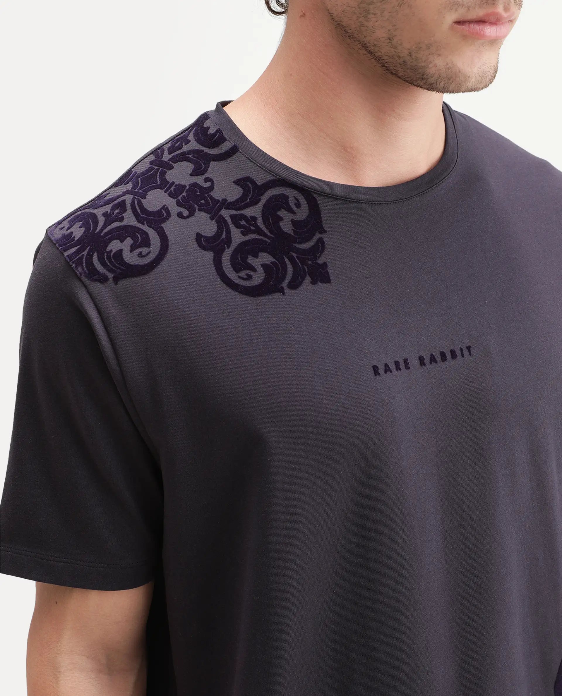 Rare Rabbit Men's Stuart Dark Purple Cotton Blend Crew Neck Regular Graphic Print T-Shirt