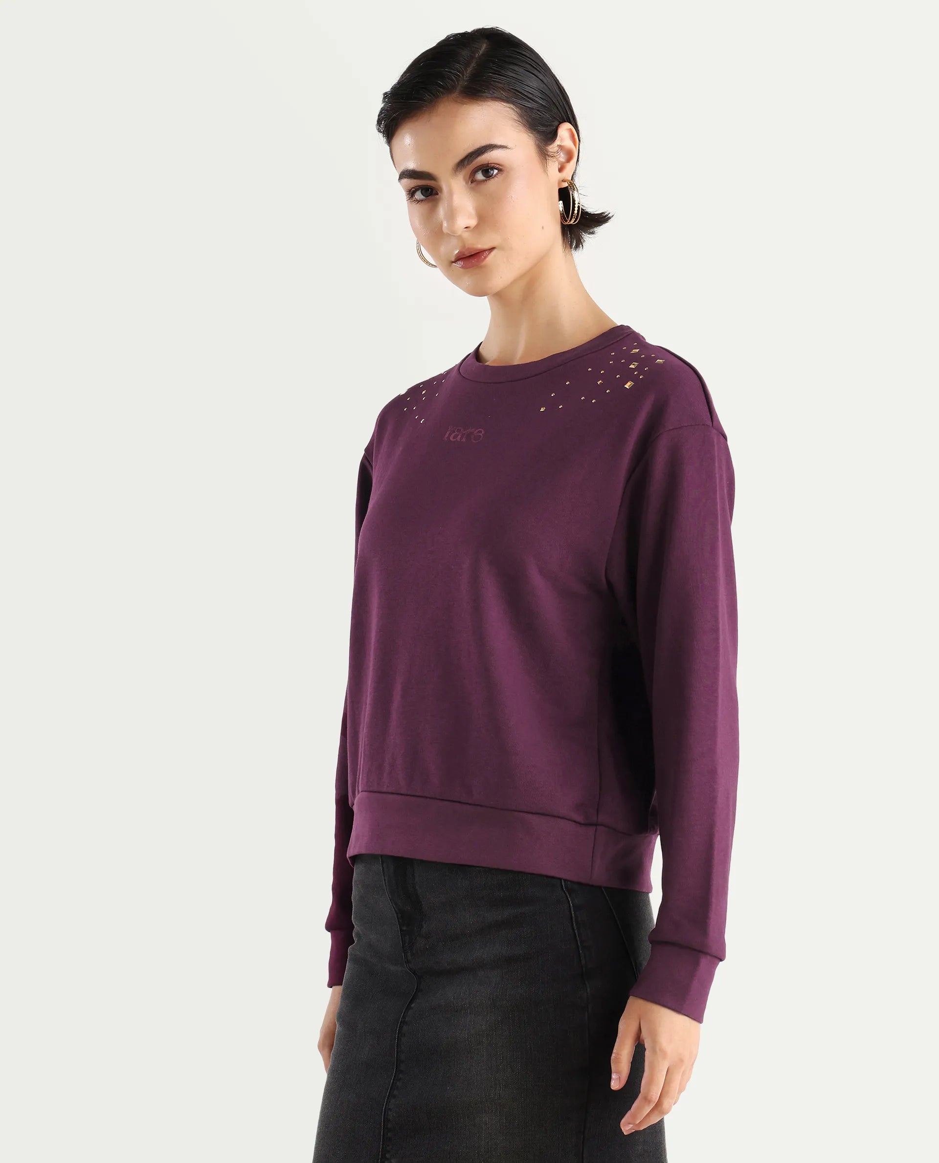 Rareism Women's Studo Dark Purple Cotton Blend Crew Neck Plain Relaxed Fit Sweatshirt