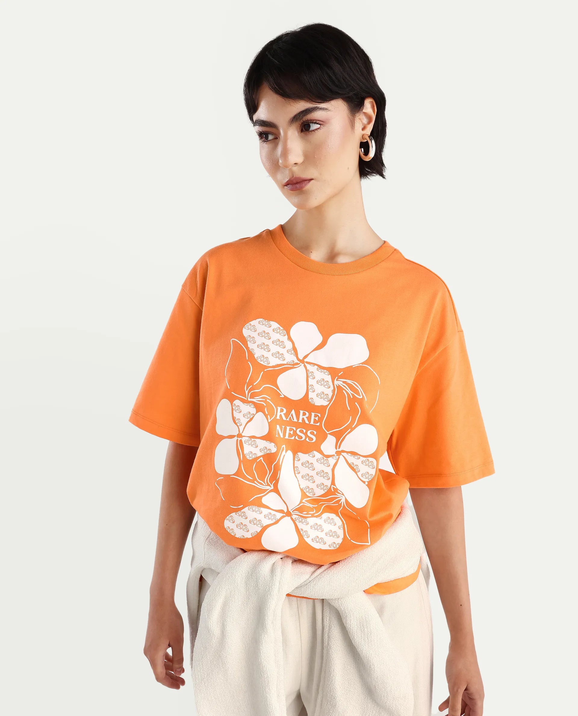 Rareism Women's Stunt Orange Cotton Crew Neck Graphic Print Oversized T-Shirt