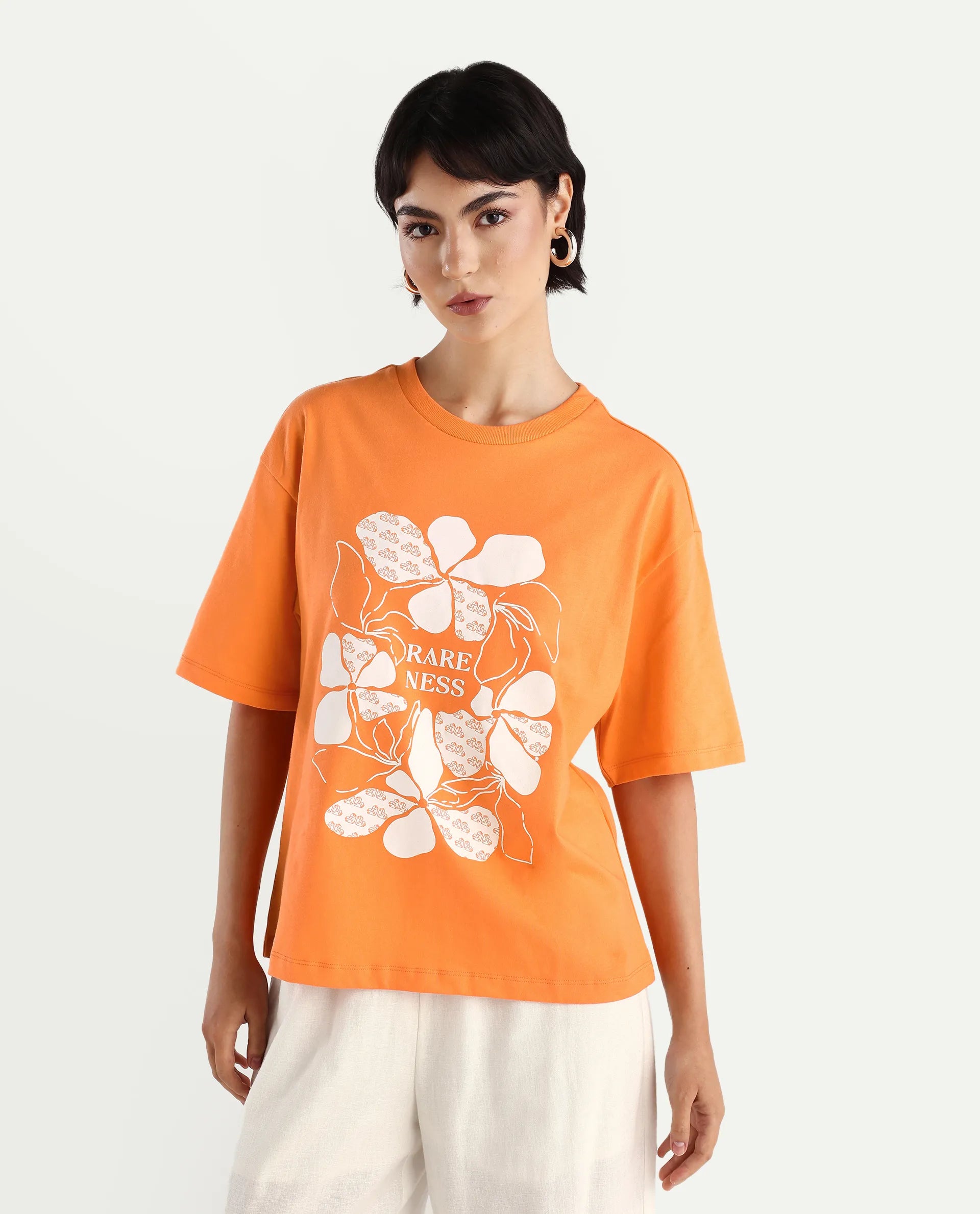 Rareism Women's Stunt Orange Cotton Crew Neck Graphic Print Oversized T-Shirt
