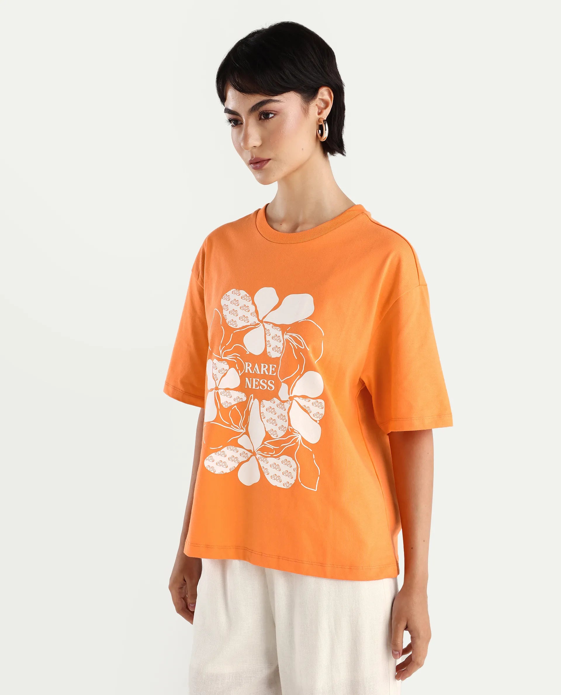 Rareism Women's Stunt Orange Cotton Crew Neck Graphic Print Oversized T-Shirt