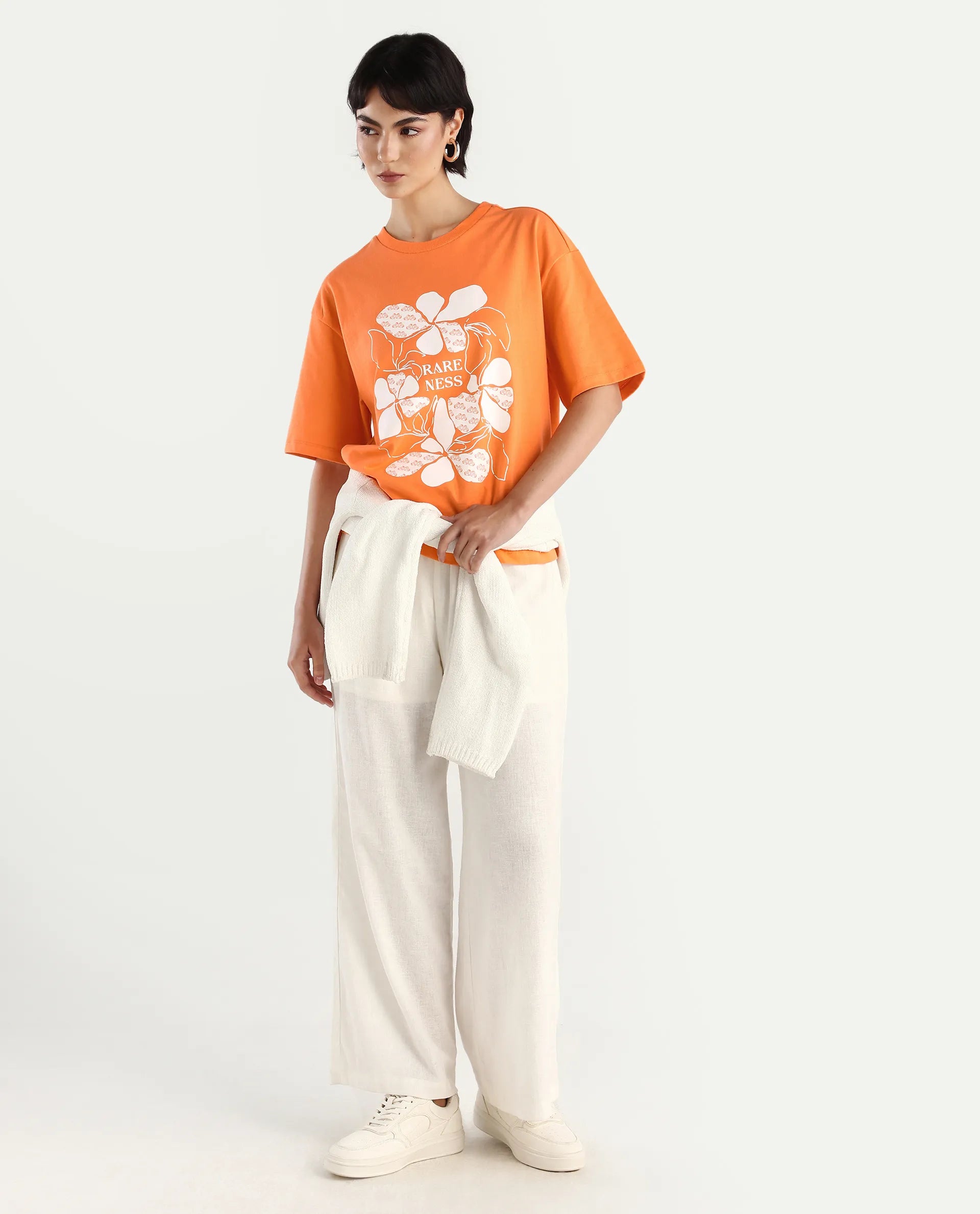 Rareism Women's Stunt Orange Cotton Crew Neck Graphic Print Oversized T-Shirt