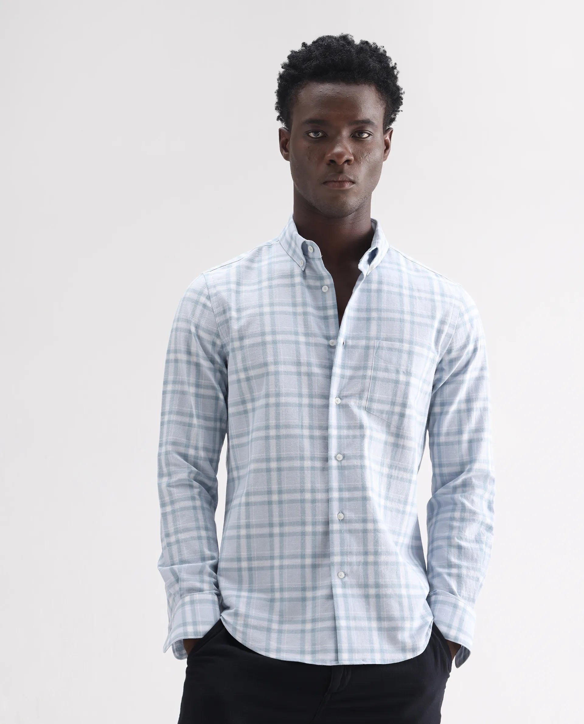 Rare Rabbit Men's Stur Blue 100% Linen Checked Print Regular Fit Full Sleeve Collared Shirt