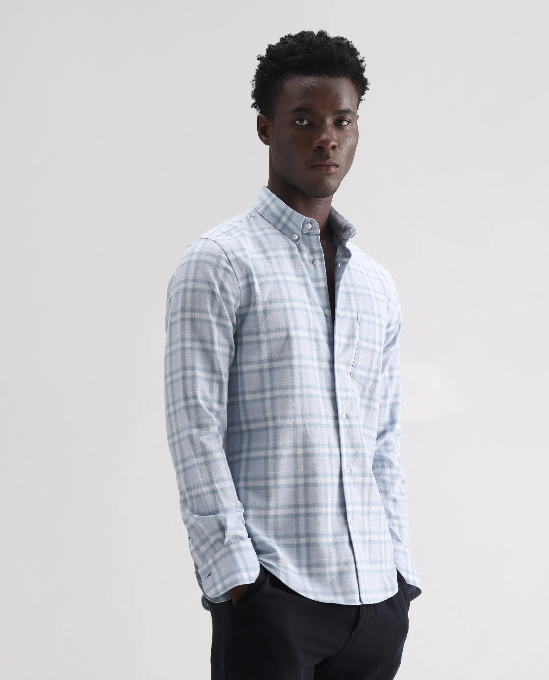 Rare Rabbit Men's Stur Blue 100% Linen Checked Print Regular Fit Full Sleeve Collared Shirt