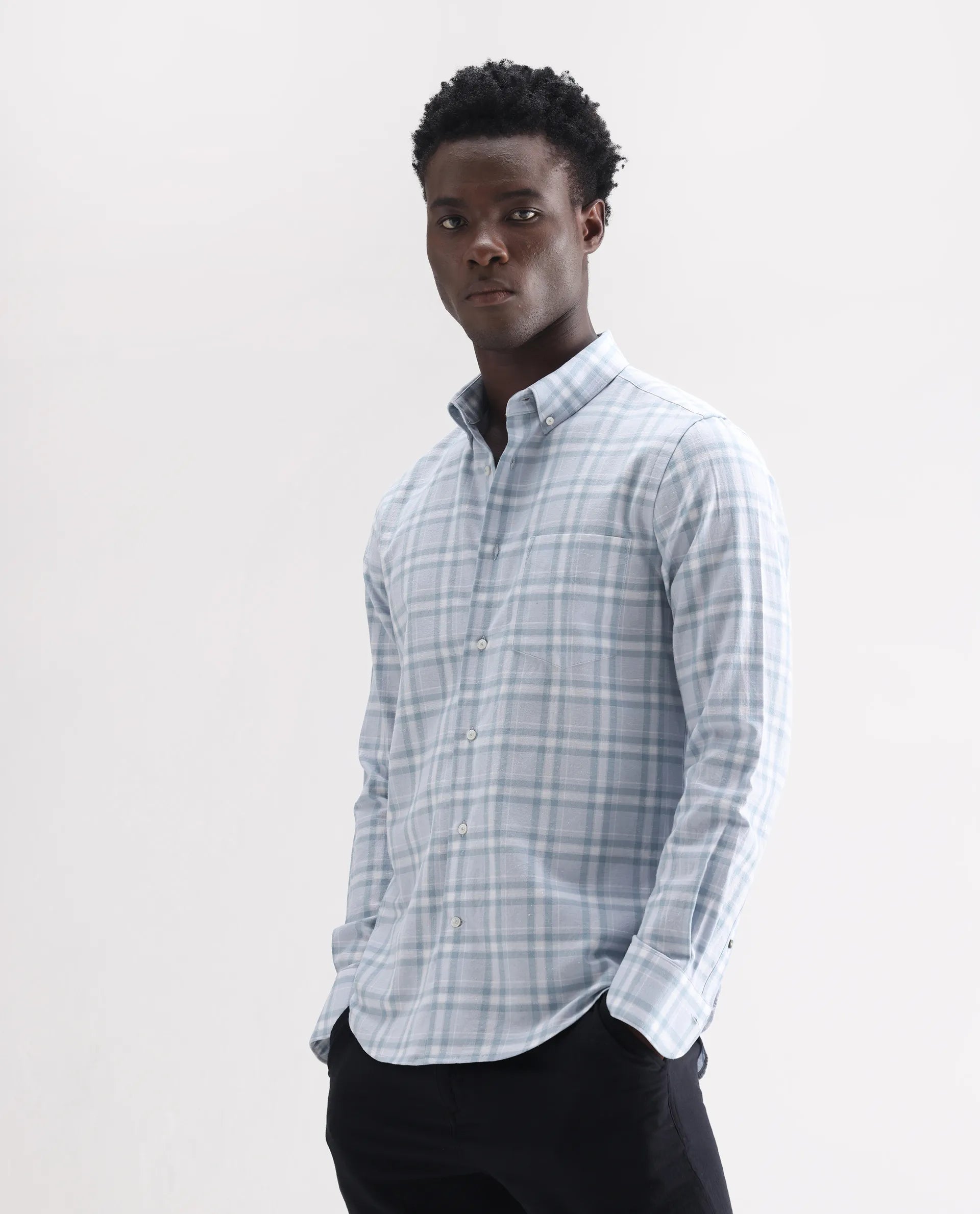 Rare Rabbit Men's Stur Blue 100% Linen Checked Print Regular Fit Full Sleeve Collared Shirt