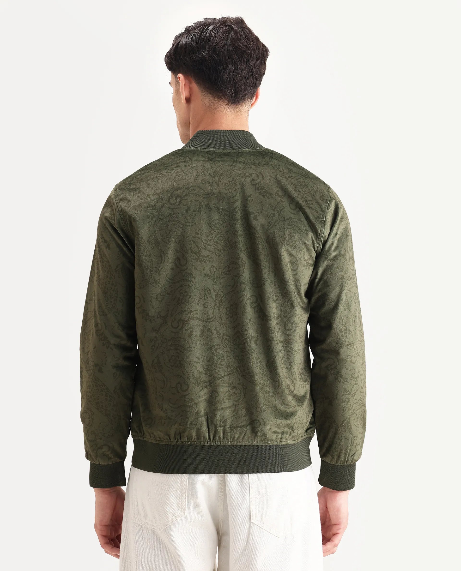 Rare Rabbit Men's Suedo Green Polyester Fabric Mandarin Collar Regular Fit Paisley Print Jacket