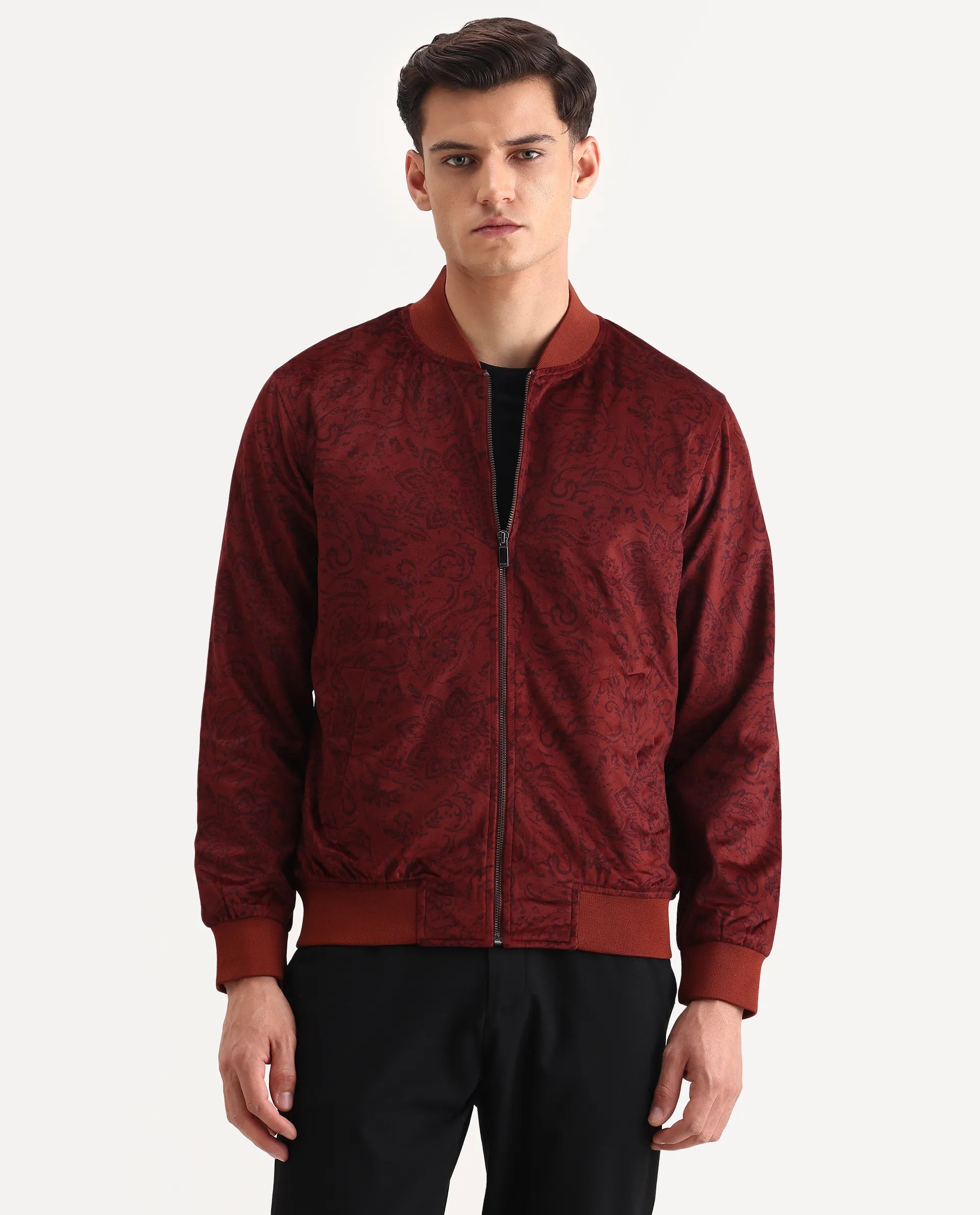 Rare Rabbit Men's Suedo Rust Polyester Fabric Mandarin Collar Regular Fit Paisley Print Jacket