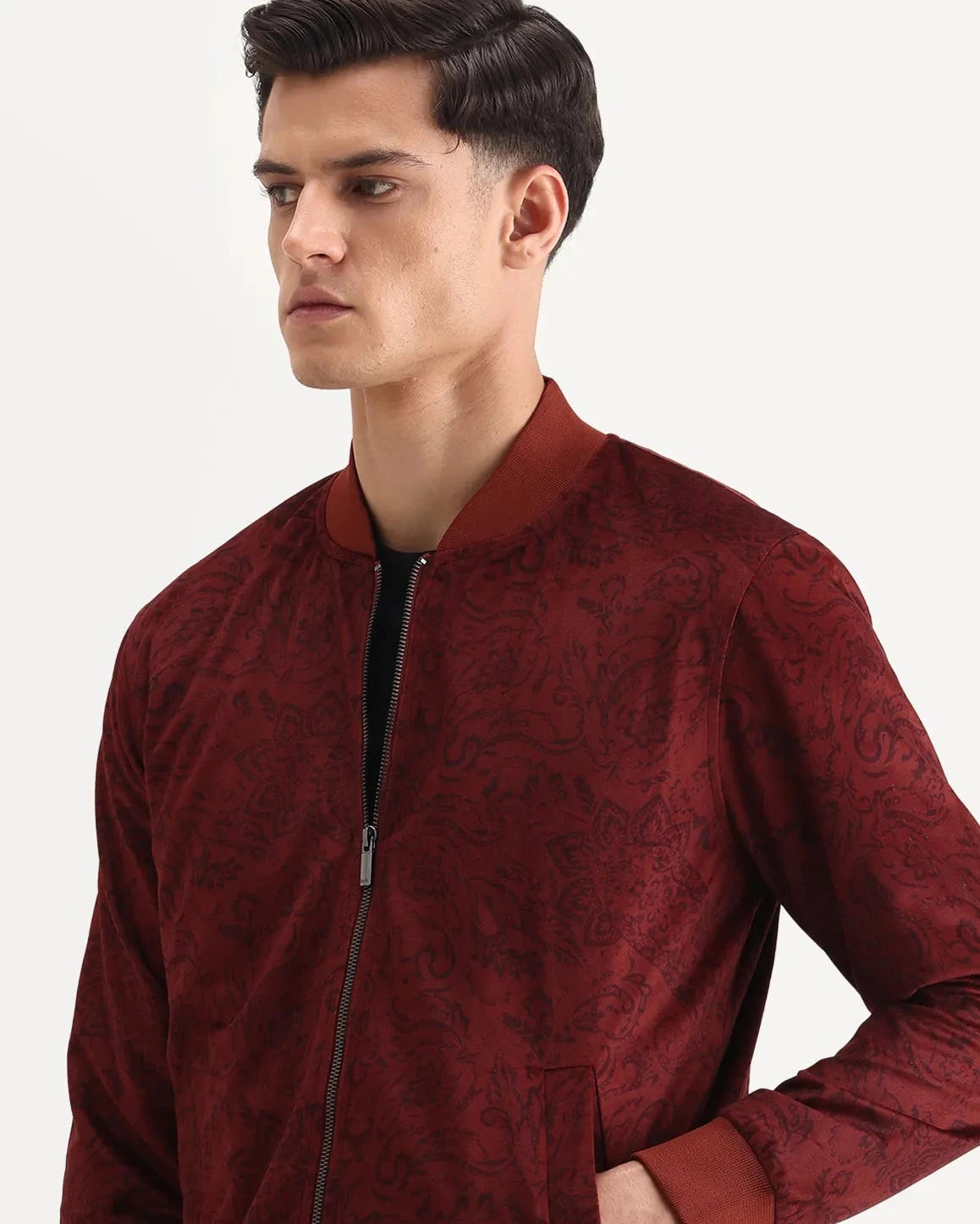 Rare Rabbit Men's Suedo Rust Polyester Fabric Mandarin Collar Regular Fit Paisley Print Jacket