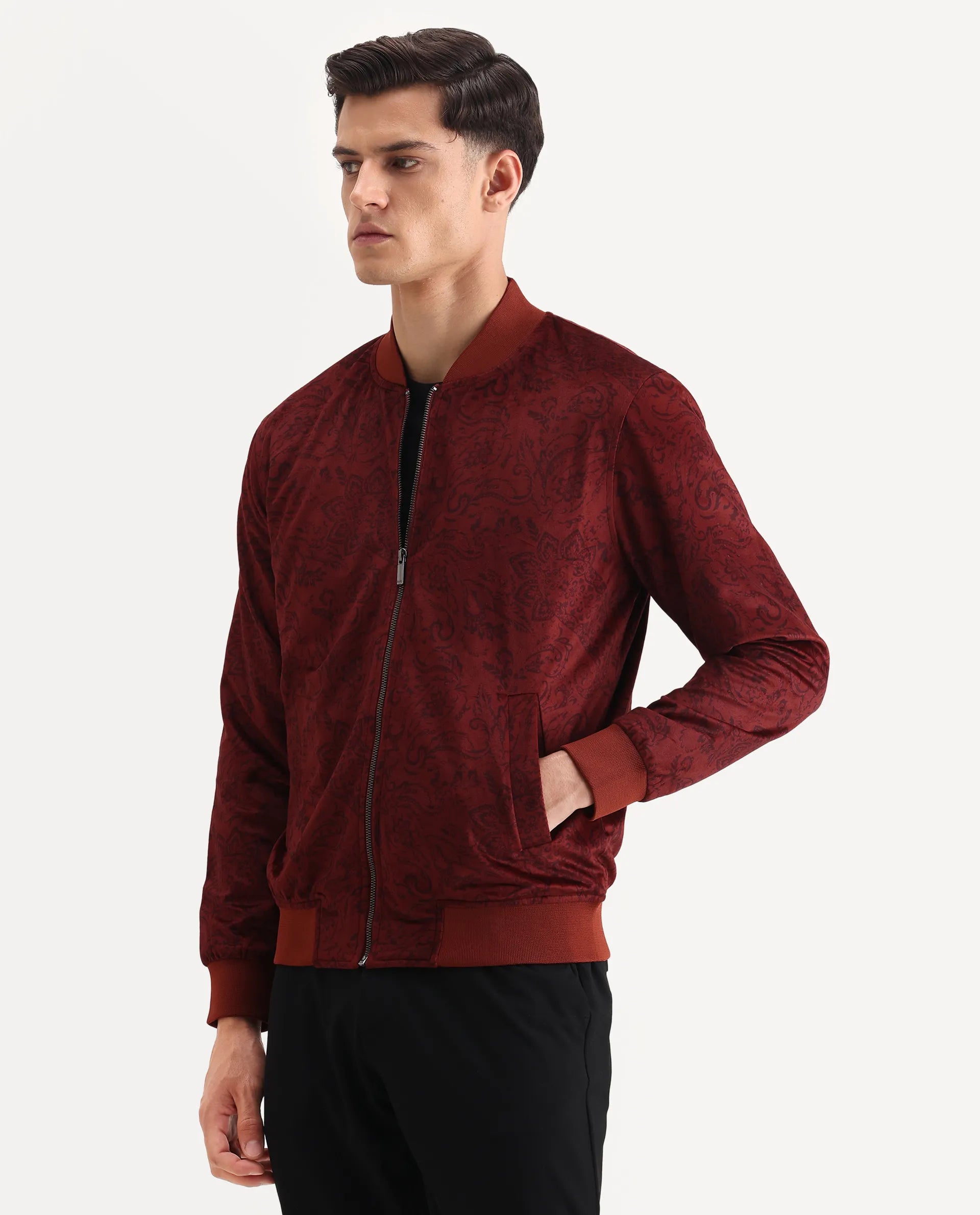 Rare Rabbit Men's Suedo Rust Polyester Fabric Mandarin Collar Regular Fit Paisley Print Jacket