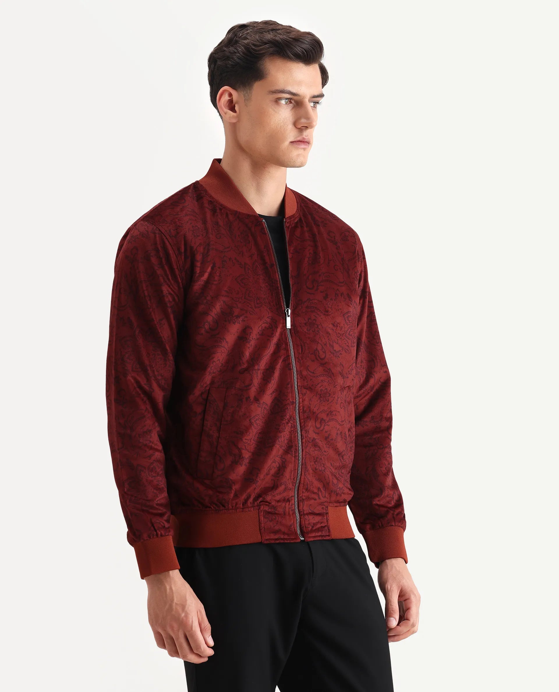 Rare Rabbit Men's Suedo Rust Polyester Fabric Mandarin Collar Regular Fit Paisley Print Jacket