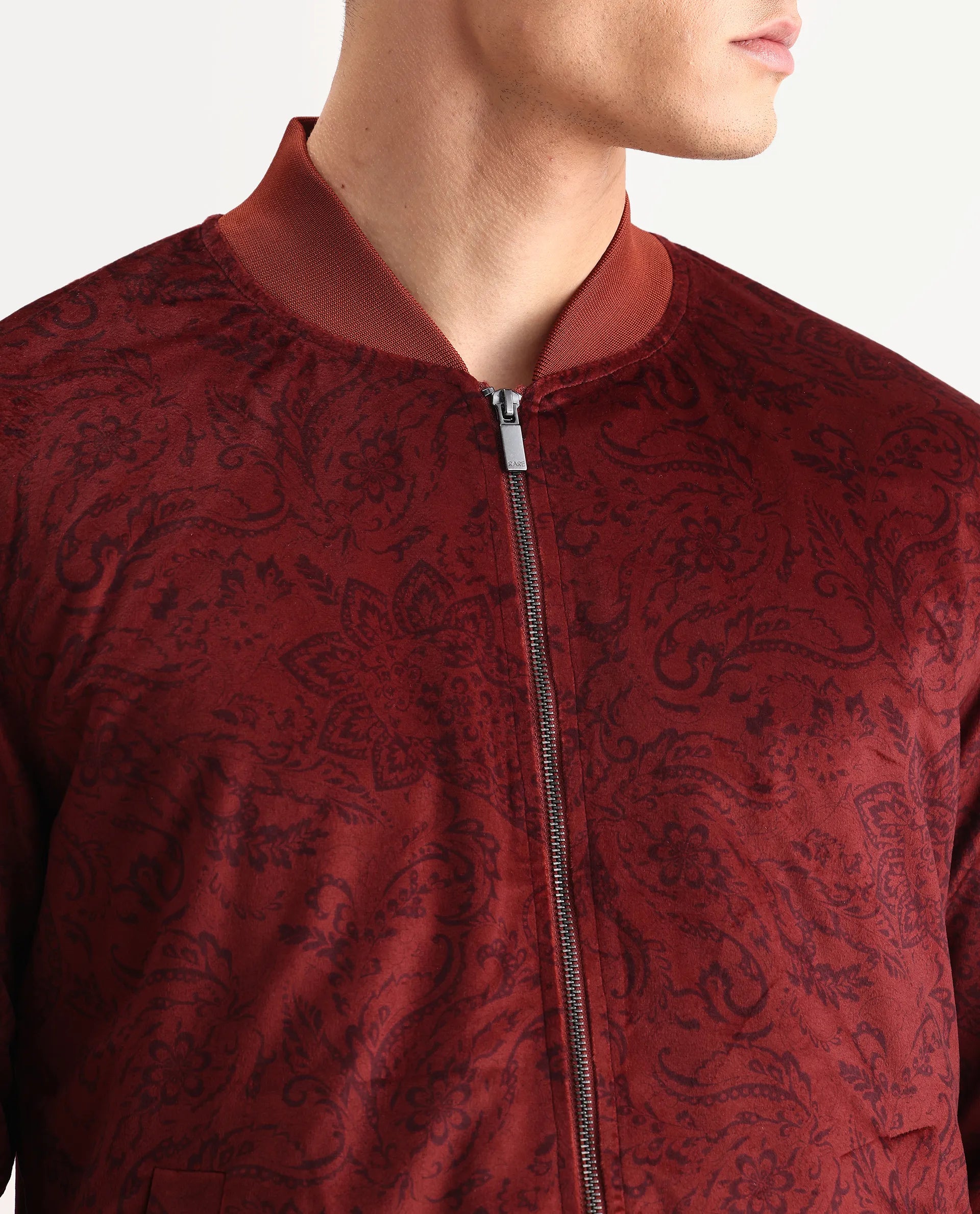 Rare Rabbit Men's Suedo Rust Polyester Fabric Mandarin Collar Regular Fit Paisley Print Jacket