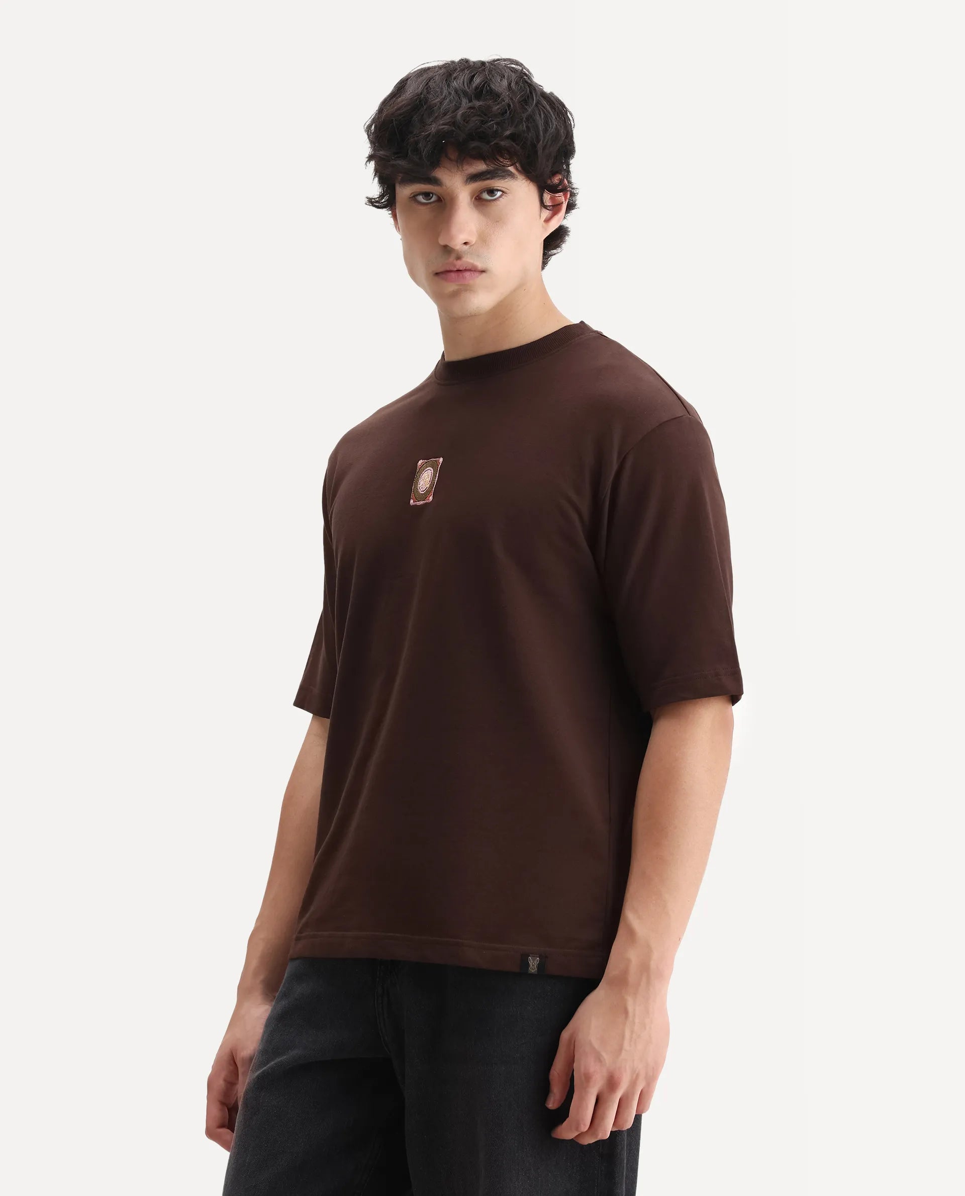 Rare Rabbit Men's Sues Brown Cotton Graphic Print Oversized Fit Half Sleeve Crew Neck T-Shirt