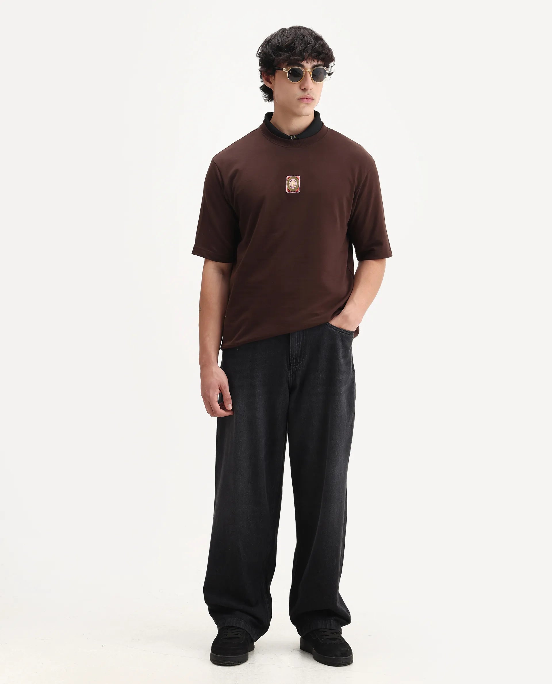 Rare Rabbit Men's Sues Brown Cotton Graphic Print Oversized Fit Half Sleeve Crew Neck T-Shirt