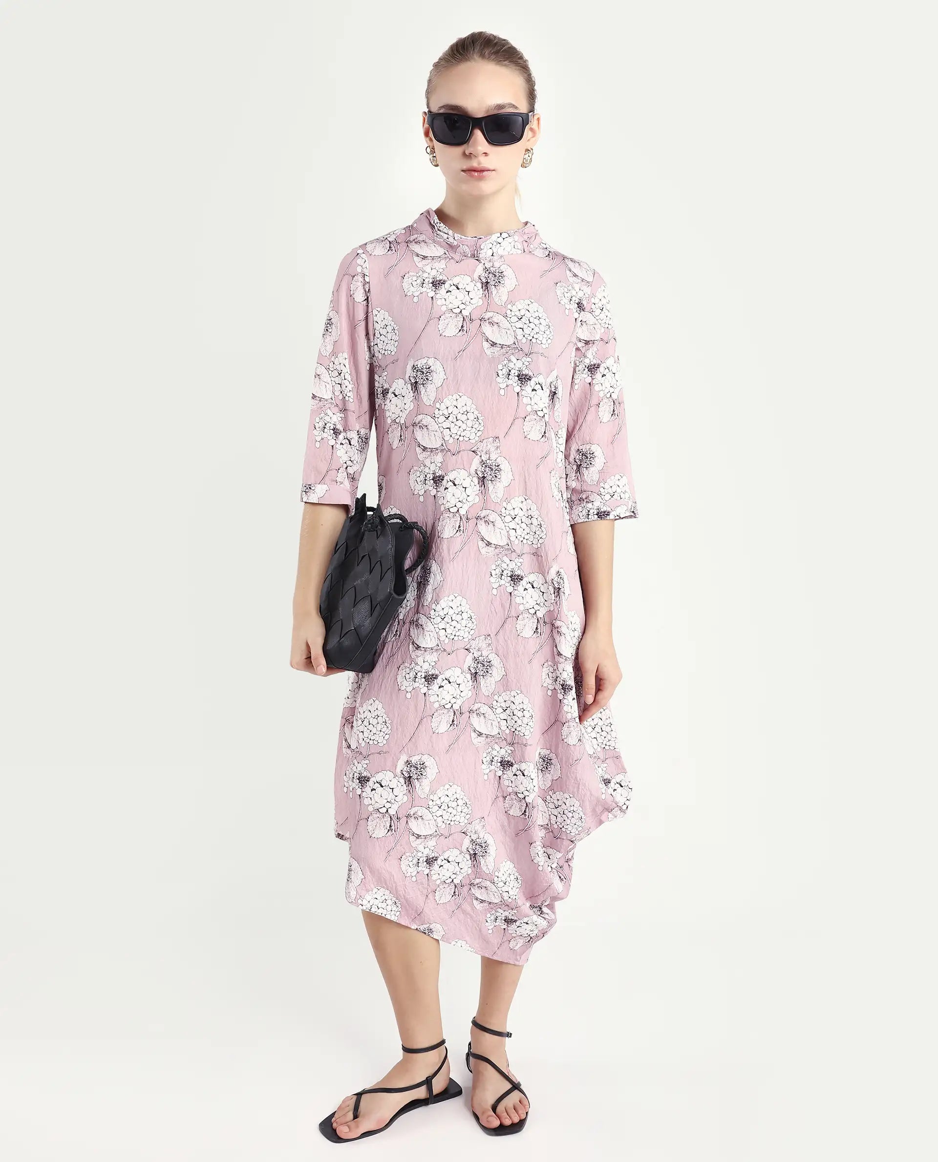 Rareism Women's Sullivio Dusky Pink Nylon Blend High Neck Floral Print Midi Relaxed Fit Dress