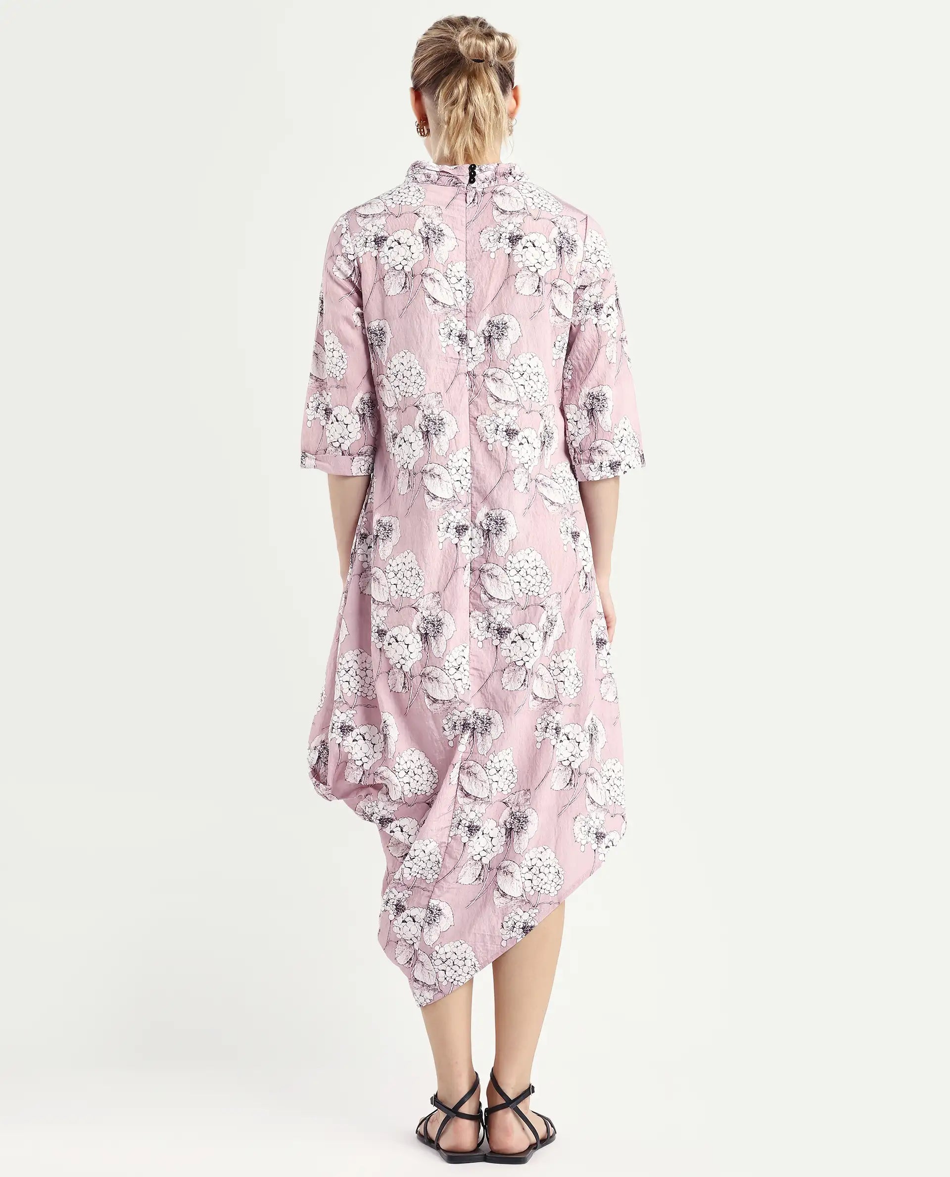 Rareism Women's Sullivio Dusky Pink Nylon Blend High Neck Floral Print Midi Relaxed Fit Dress