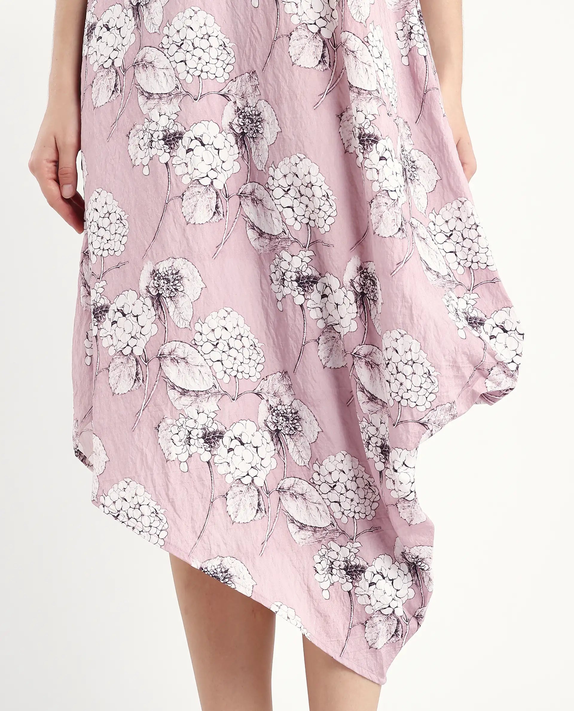 Rareism Women's Sullivio Dusky Pink Nylon Blend High Neck Floral Print Midi Relaxed Fit Dress