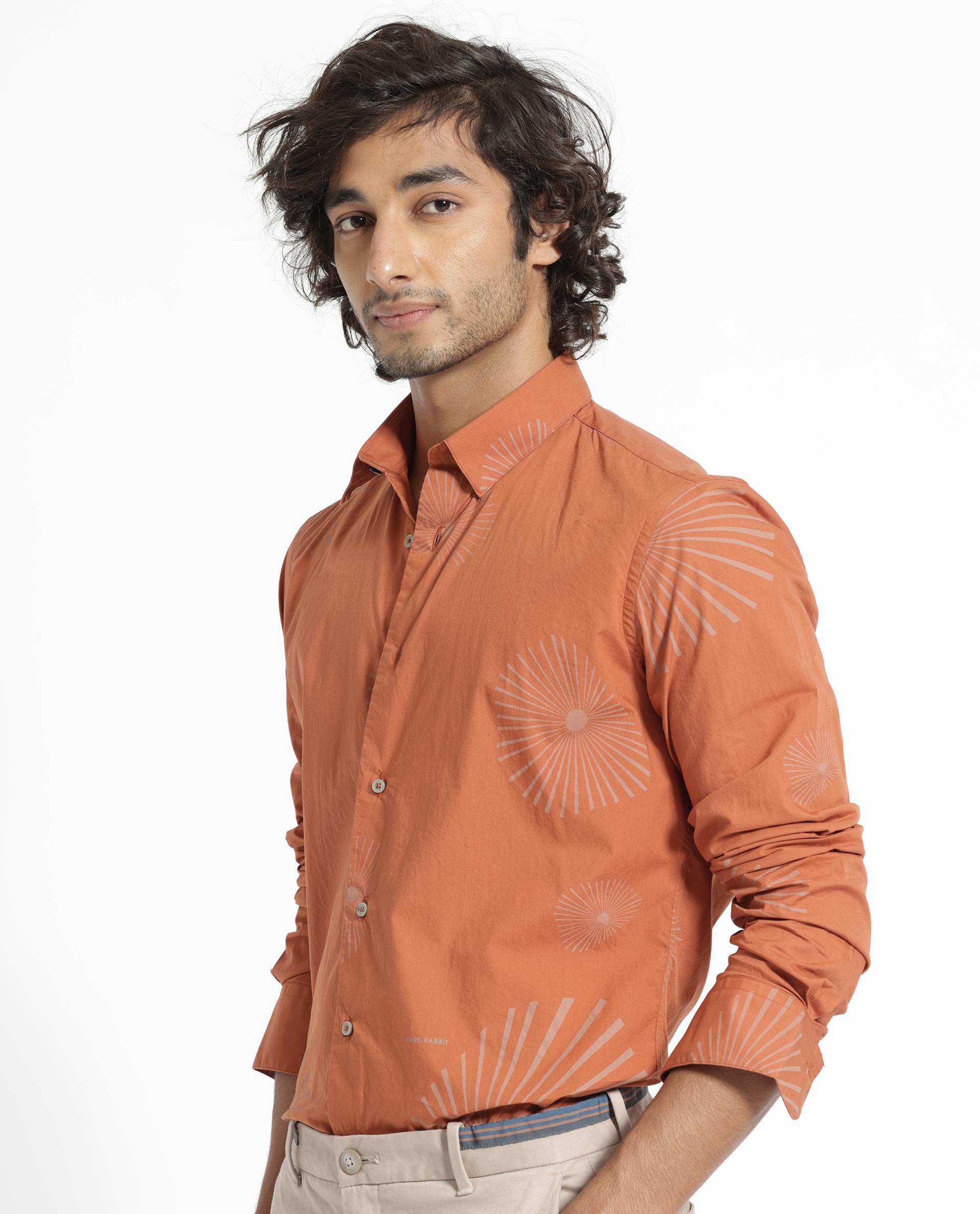 Rare Rabbit Men's Sunn Orange Poplin Fabric Floral Print Full Sleeves Shirt