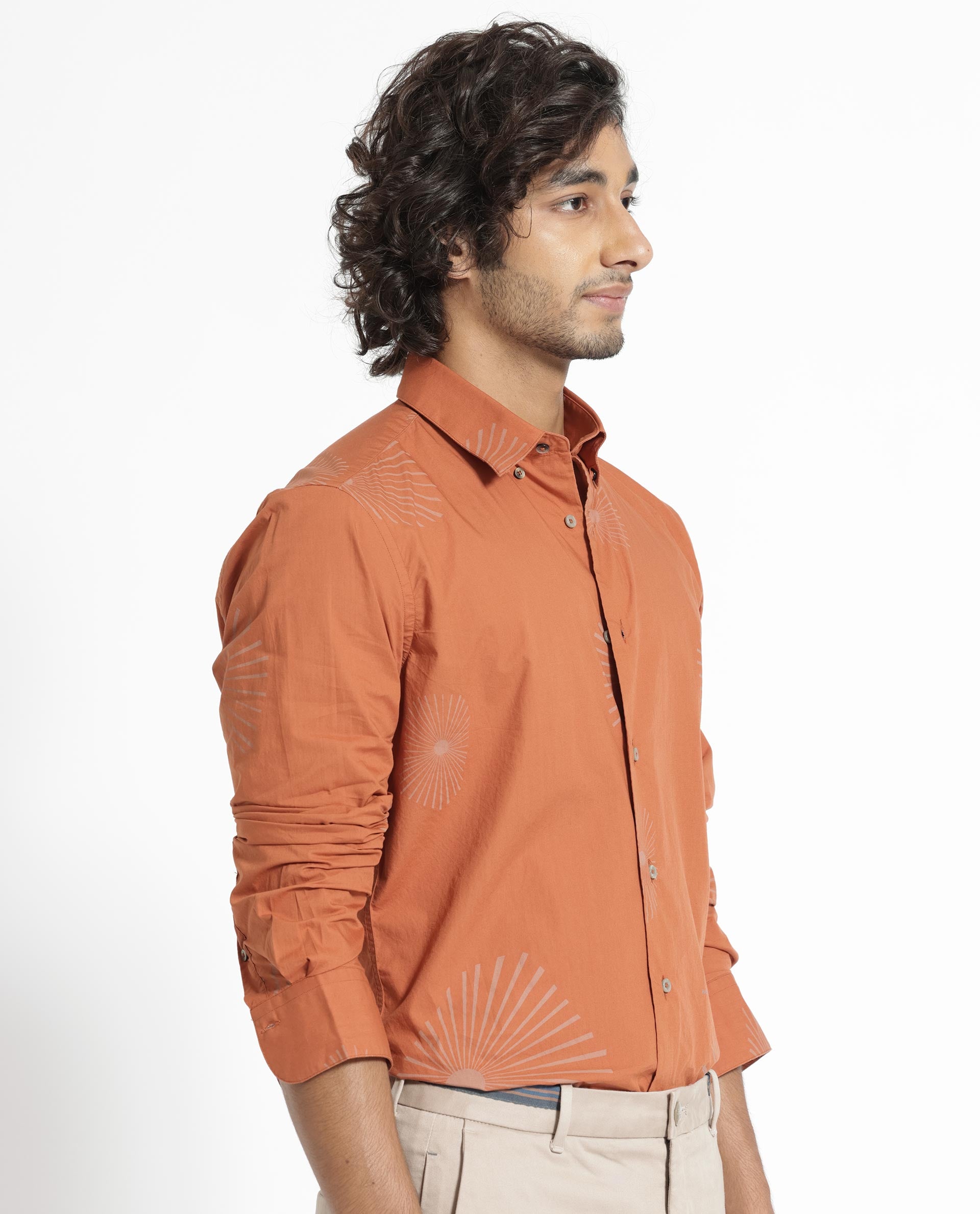 Rare Rabbit Men's Sunn Orange Poplin Fabric Floral Print Full Sleeves Shirt