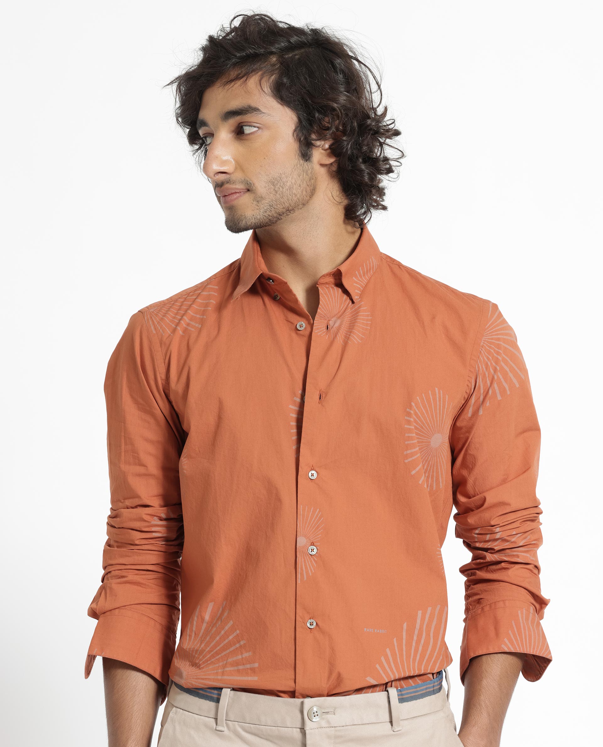 Rare Rabbit Men's Sunn Orange Poplin Fabric Floral Print Full Sleeves Shirt