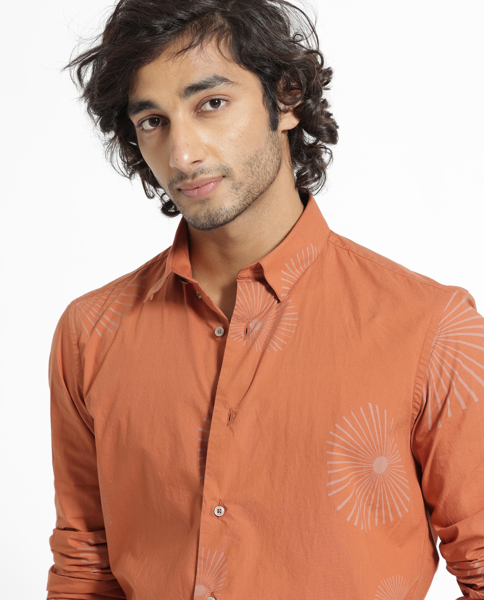 Rare Rabbit Men's Sunn Orange Poplin Fabric Floral Print Full Sleeves Shirt