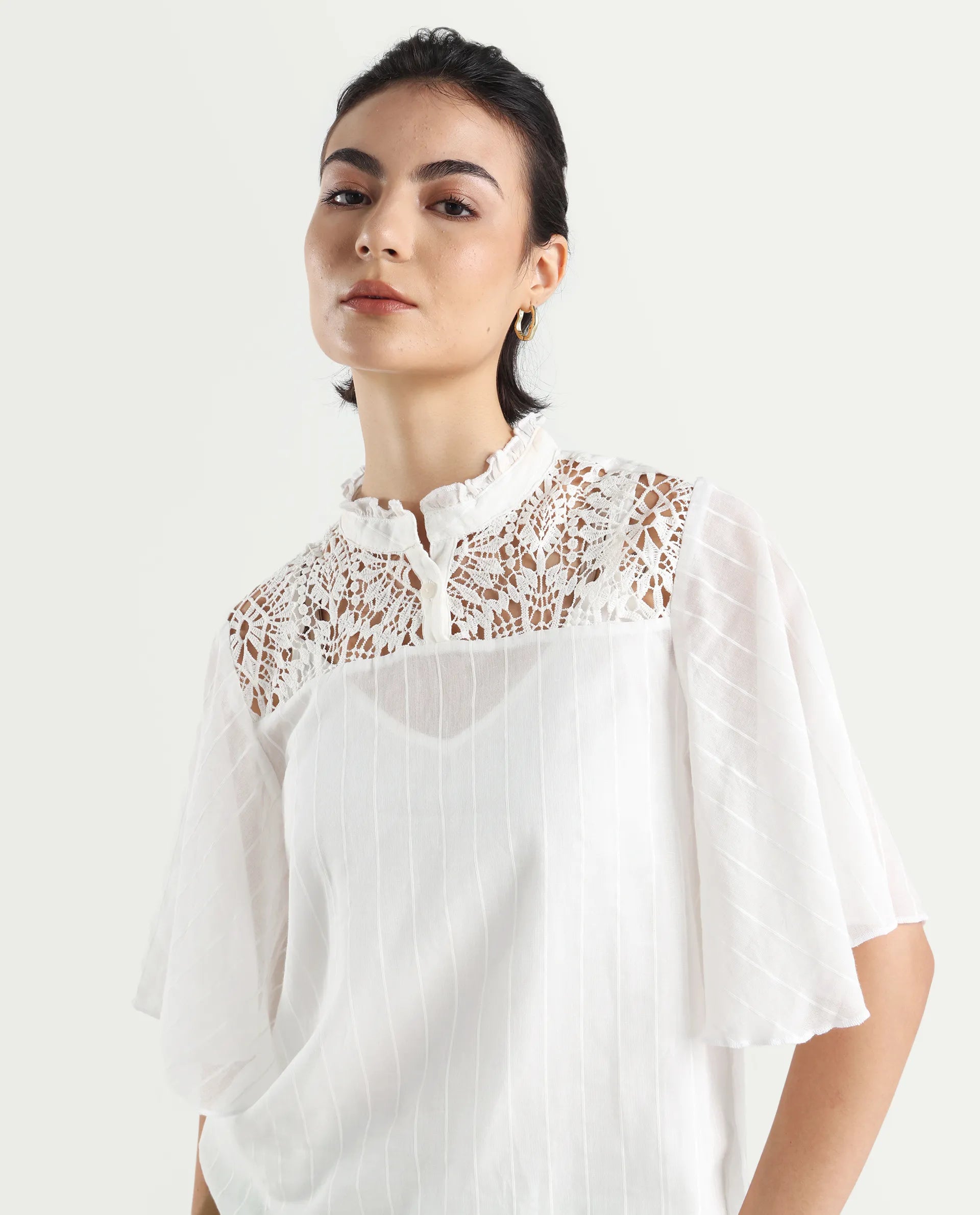 Rareism Women's Sura Off White Cotton Sweetheart Neck Plain Bell Sleeve Regular Fit Top