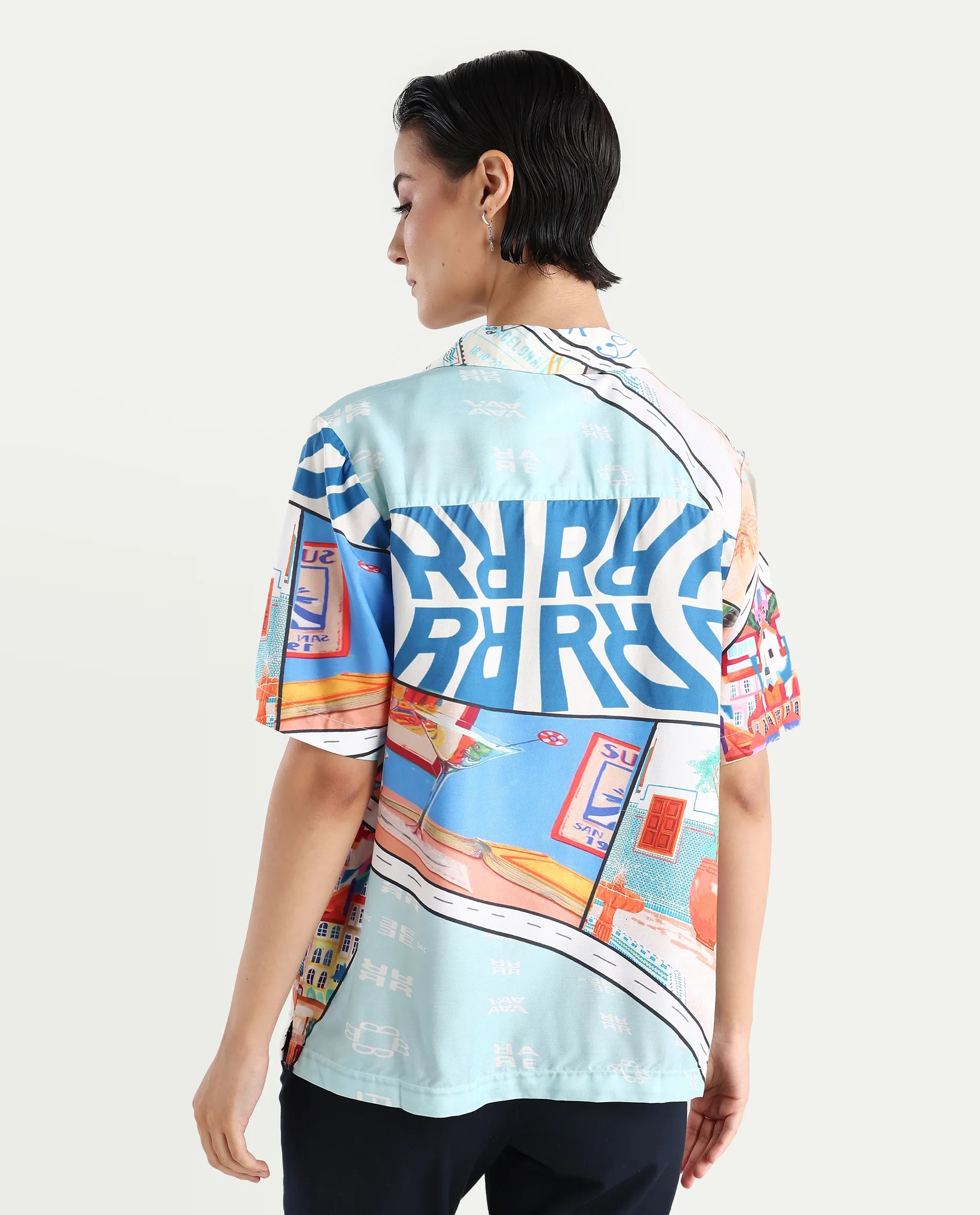 Rareism Women's Surfer Light Multi Viscose Spread Collar Abstract Print Relaxed Fit Top