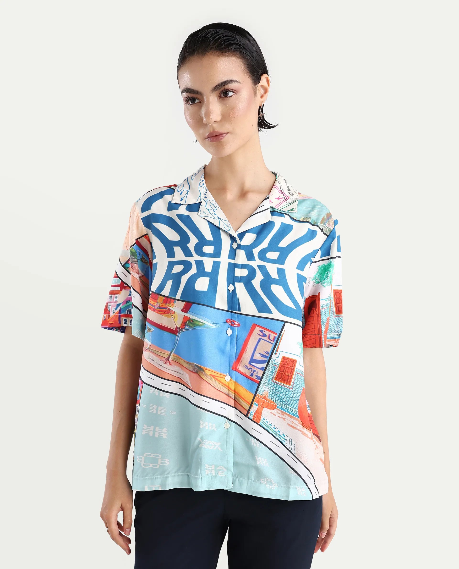 Rareism Women's Surfer Light Multi Viscose Spread Collar Abstract Print Relaxed Fit Top