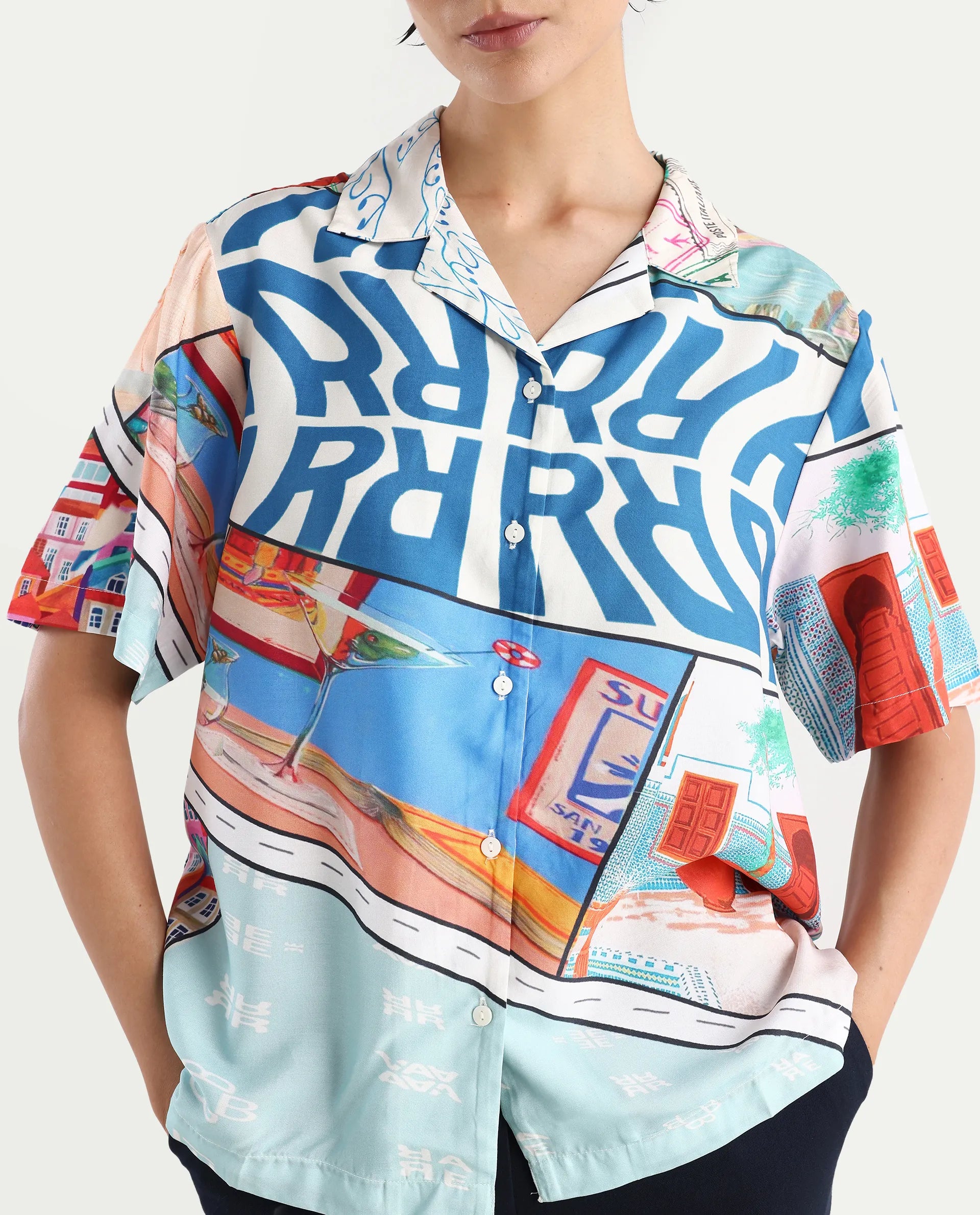 Rareism Women's Surfer Light Multi Viscose Spread Collar Abstract Print Relaxed Fit Top