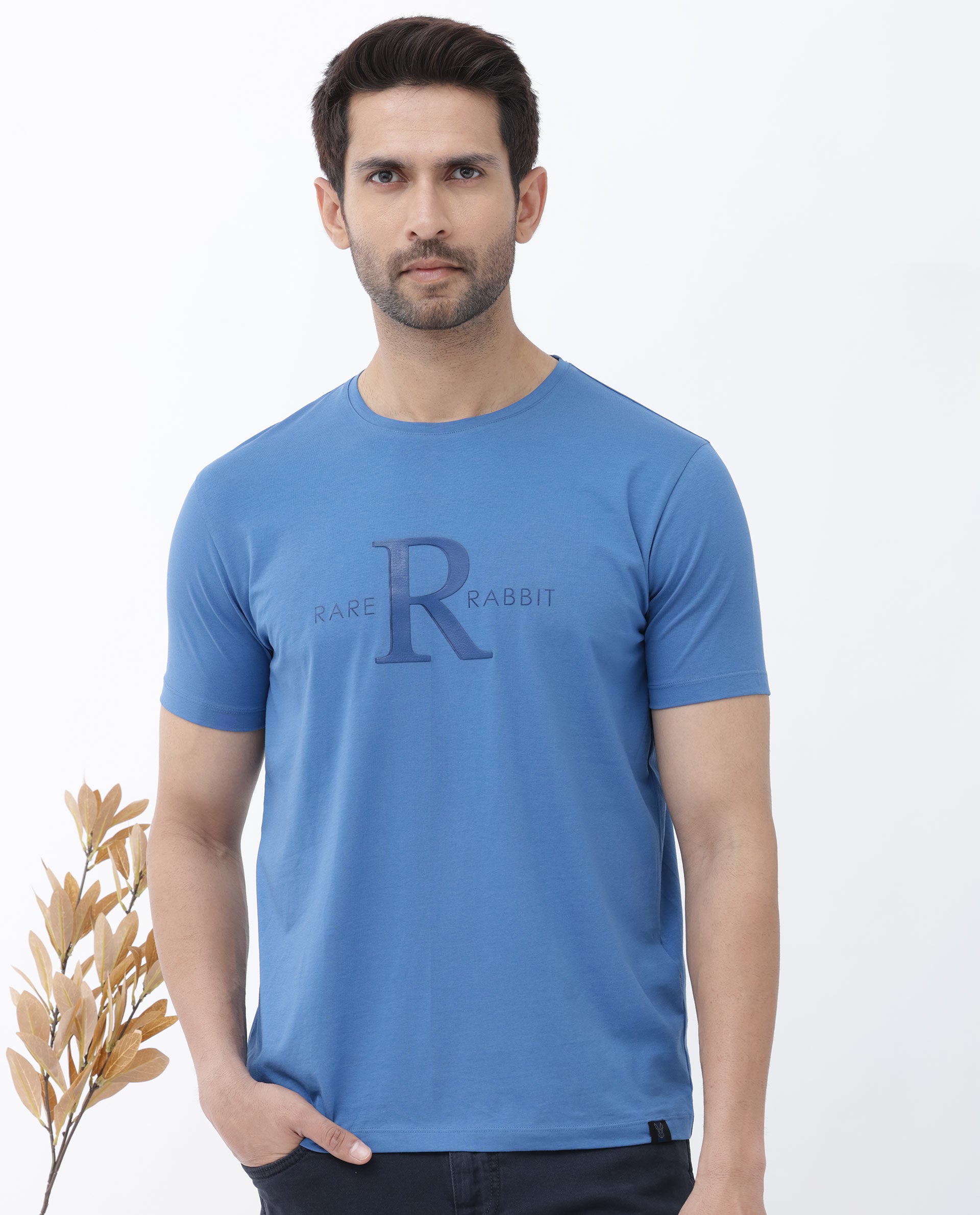 Rare Rabbit Mens Sorin Turq Cotton Lycra Fabric Short Sleeve Regular Fit Graphic Print T-Shirt