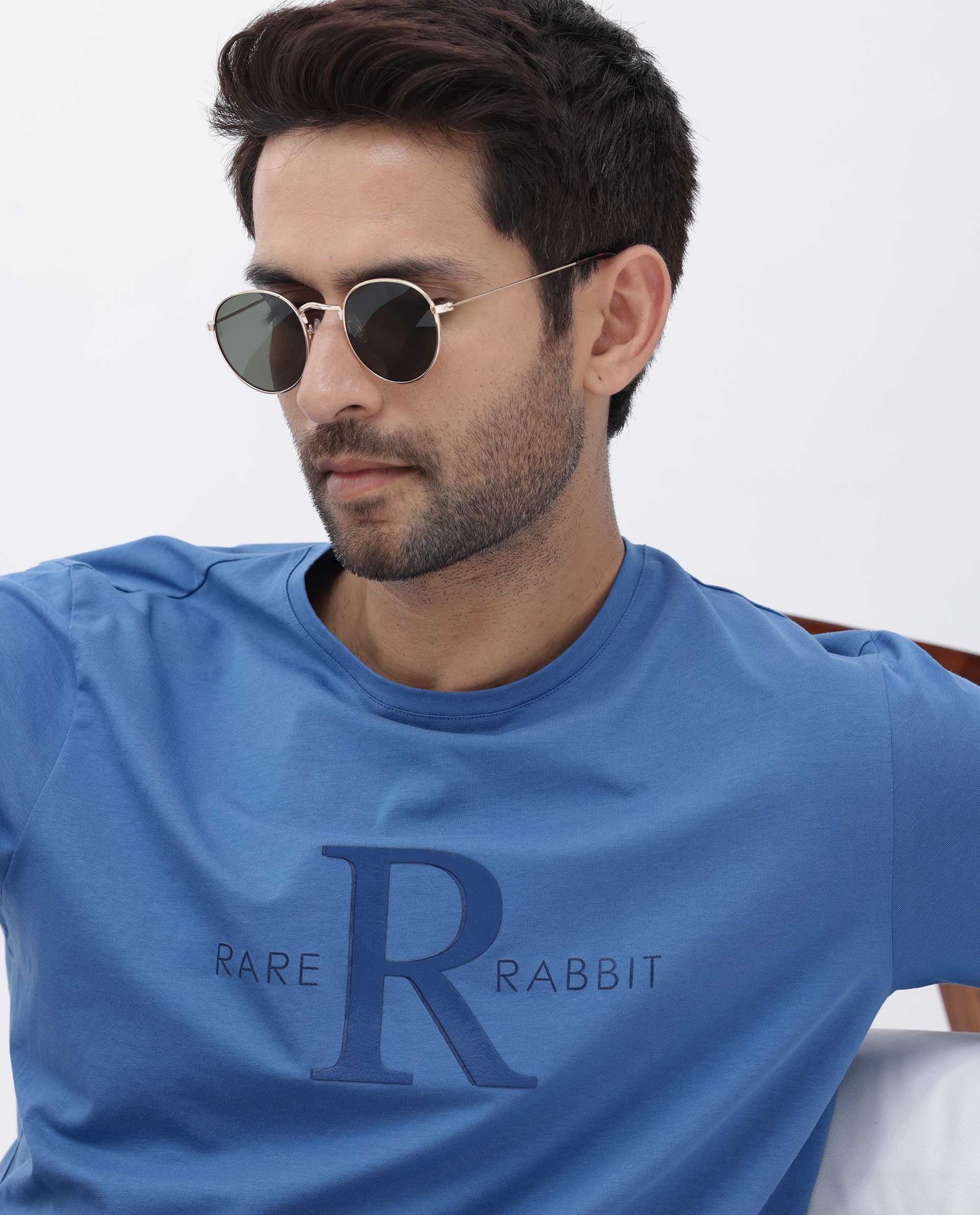 Rare Rabbit Mens Sorin Turq Cotton Lycra Fabric Short Sleeve Regular Fit Graphic Print T-Shirt