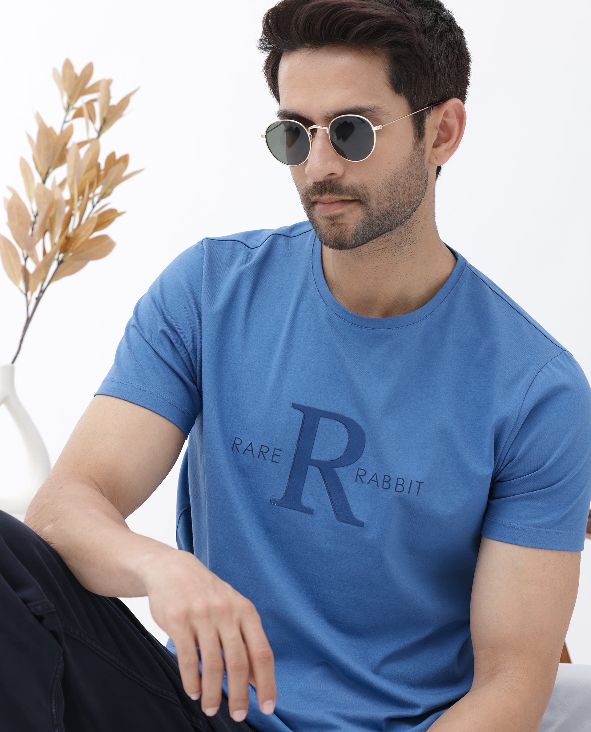 Rare Rabbit Mens Sorin Turq Cotton Lycra Fabric Short Sleeve Regular Fit Graphic Print T-Shirt