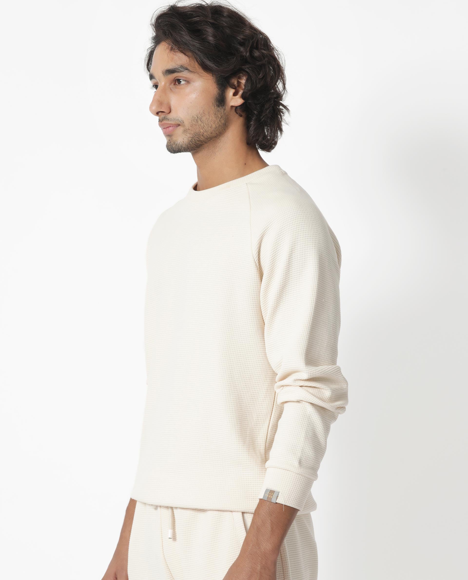 Rare Rabbit Mens Sven Light Beige Sweatshirt Cotton Polyester Fabric Round Neck Knitted Full Sleeves Comfortable Fit
