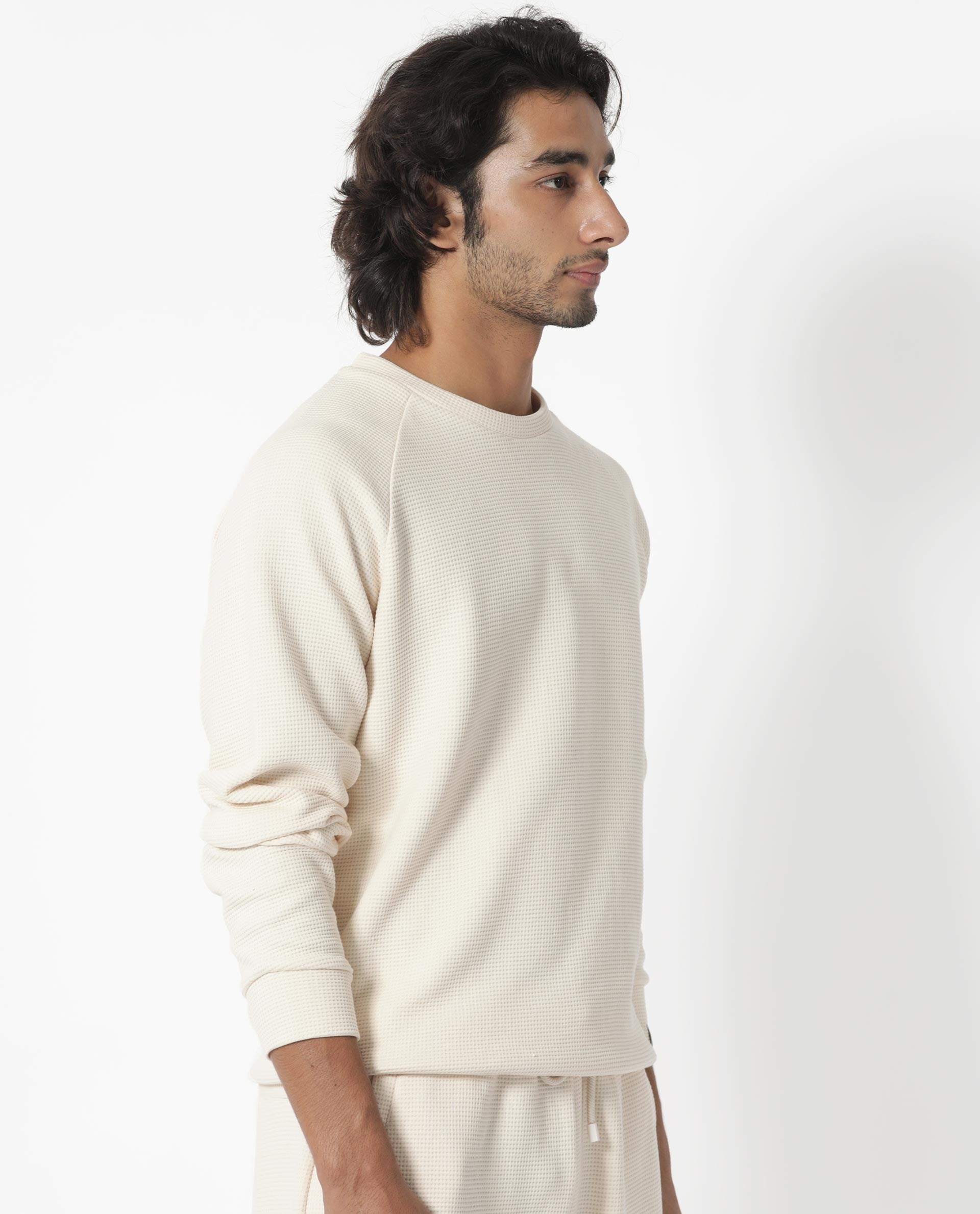 Rare Rabbit Mens Sven Light Beige Sweatshirt Cotton Polyester Fabric Round Neck Knitted Full Sleeves Comfortable Fit