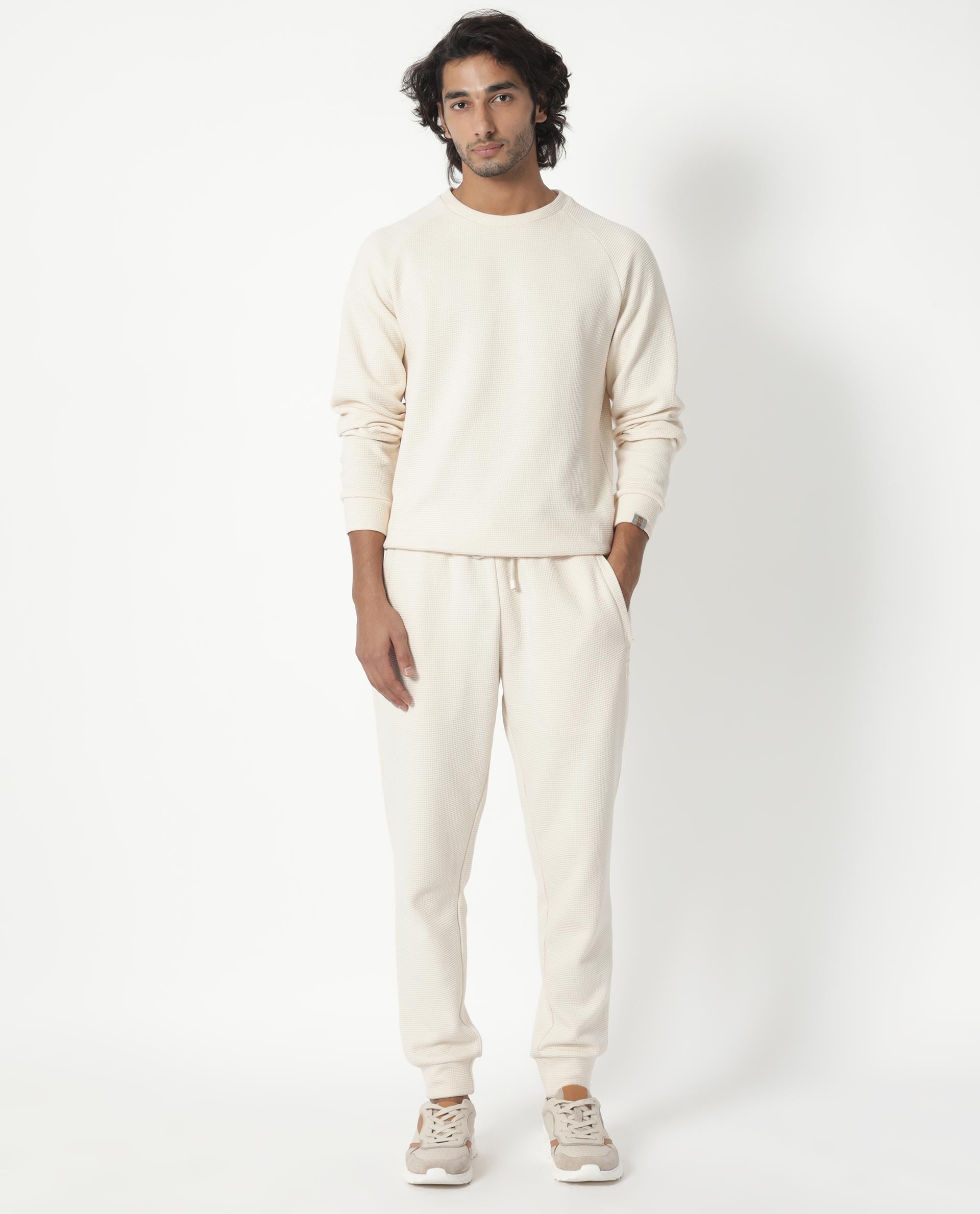 Rare Rabbit Mens Sven Light Beige Sweatshirt Cotton Polyester Fabric Round Neck Knitted Full Sleeves Comfortable Fit