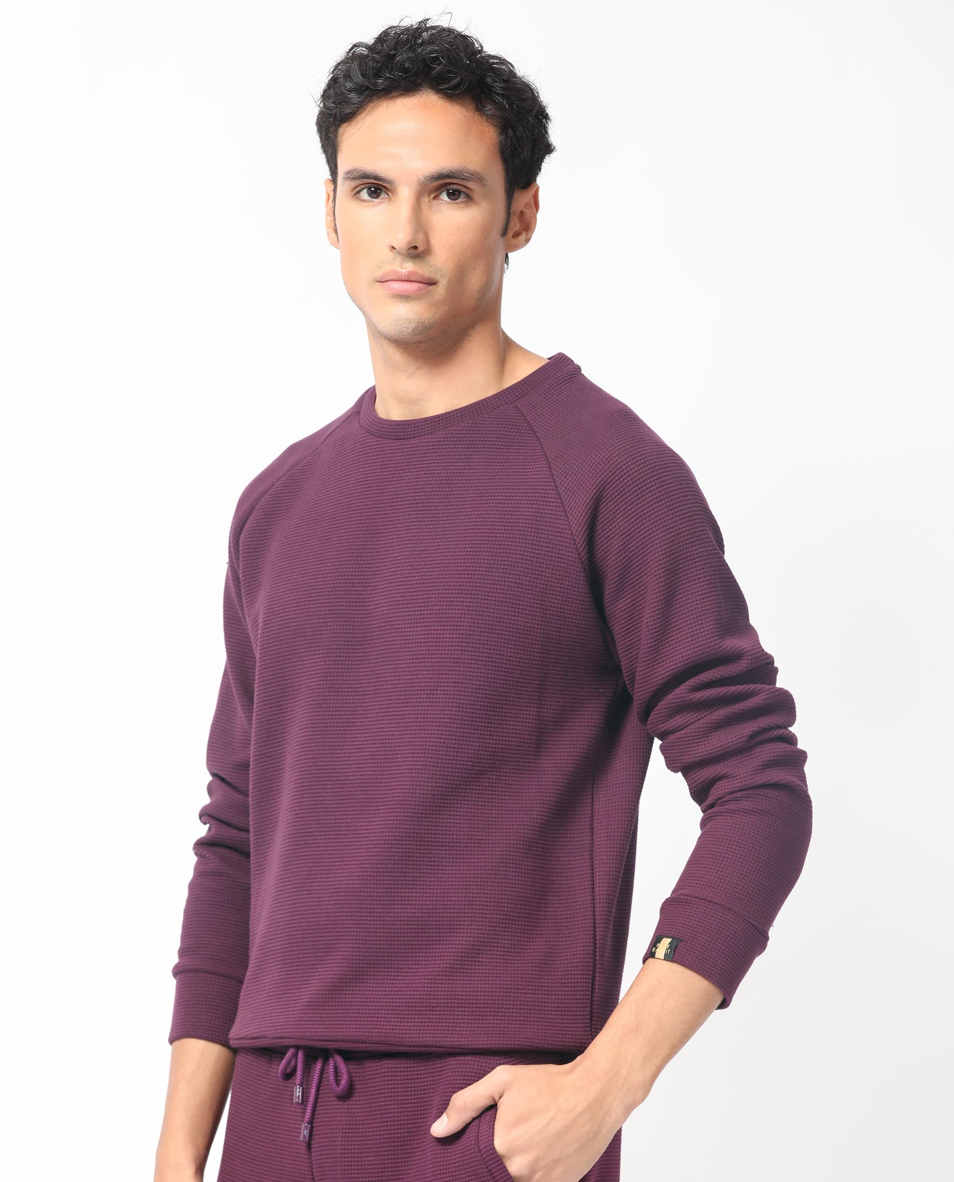 Rare Rabbit Mens Sven Purple Sweatshirt Cotton Polyester Fabric Round Neck Knitted Full Sleeves Comfortable Fit