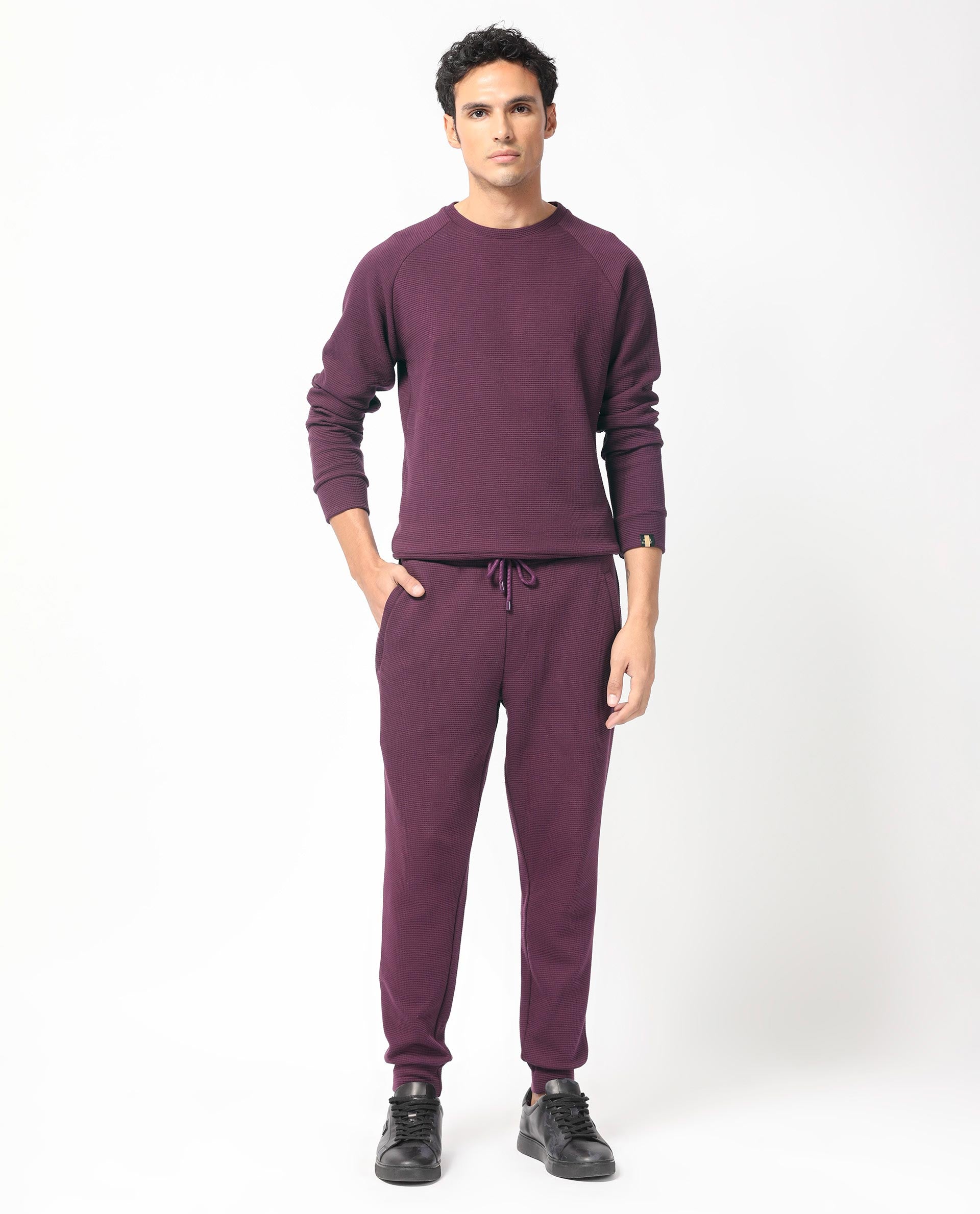 Rare Rabbit Mens Sven Purple Sweatshirt Cotton Polyester Fabric Round Neck Knitted Full Sleeves Comfortable Fit