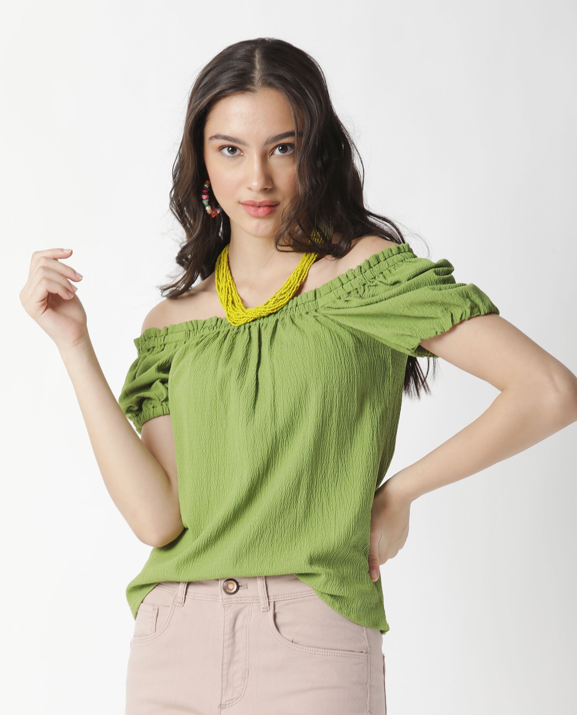 Rareism Women Swag Green Cotton Lycra Fabric Tailored Fit Square Neck Half Sleeves Solid Top