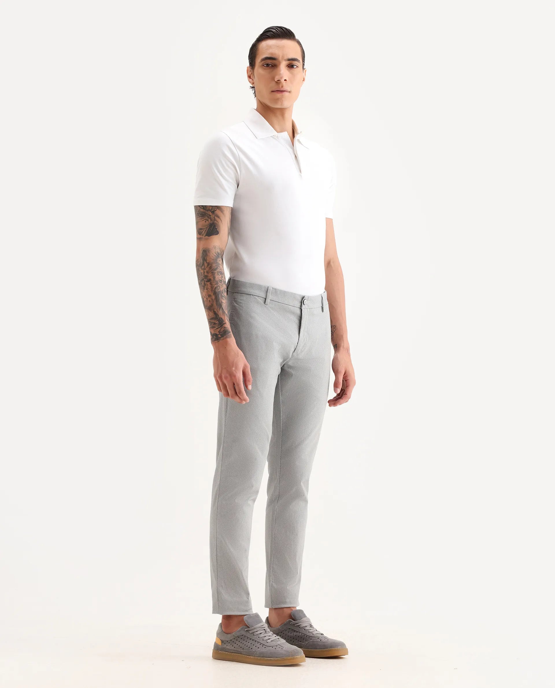 Rare Rabbit Men's Swamp Light Grey Cotton Textured Regular Fit Trouser