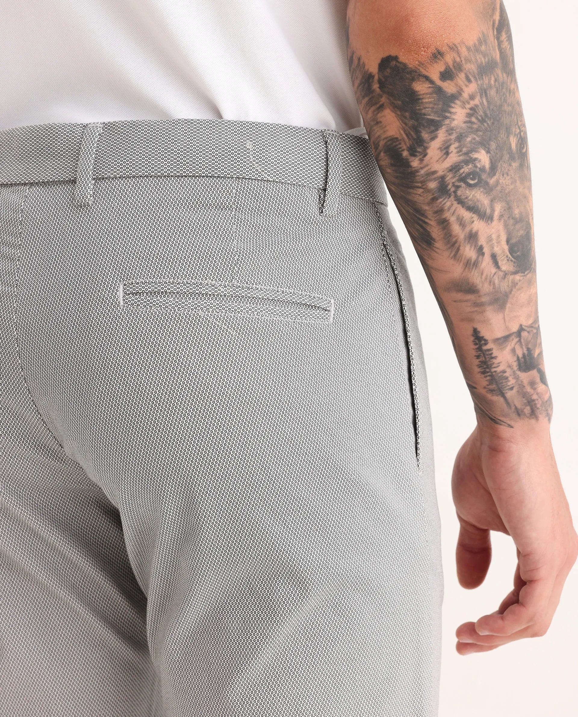 Rare Rabbit Men's Swamp Light Grey Cotton Textured Regular Fit Trouser