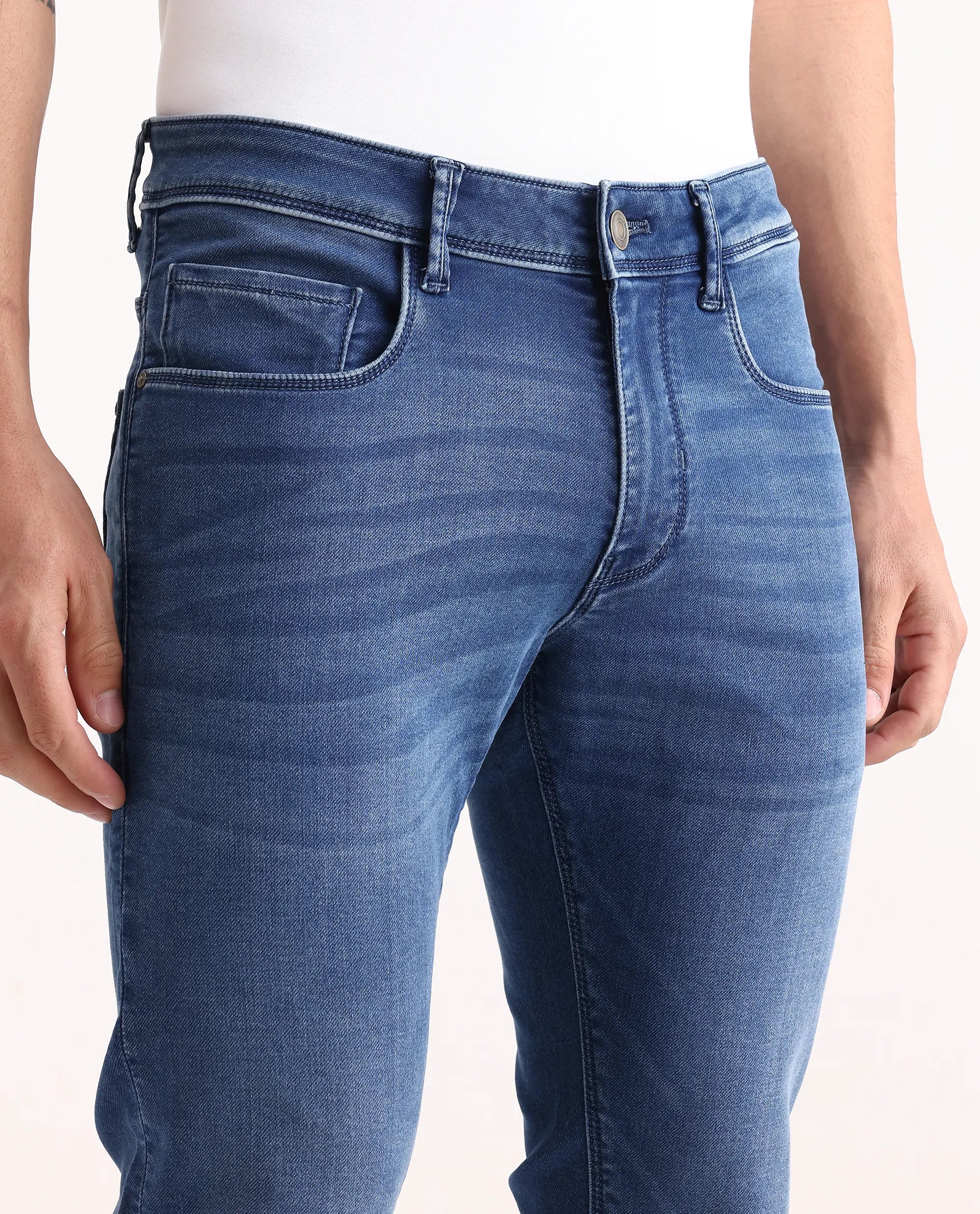 Rare Rabbit Men's Switz-2 Blue Cotton Blend Fabric Hawk Slim Plain Jeans