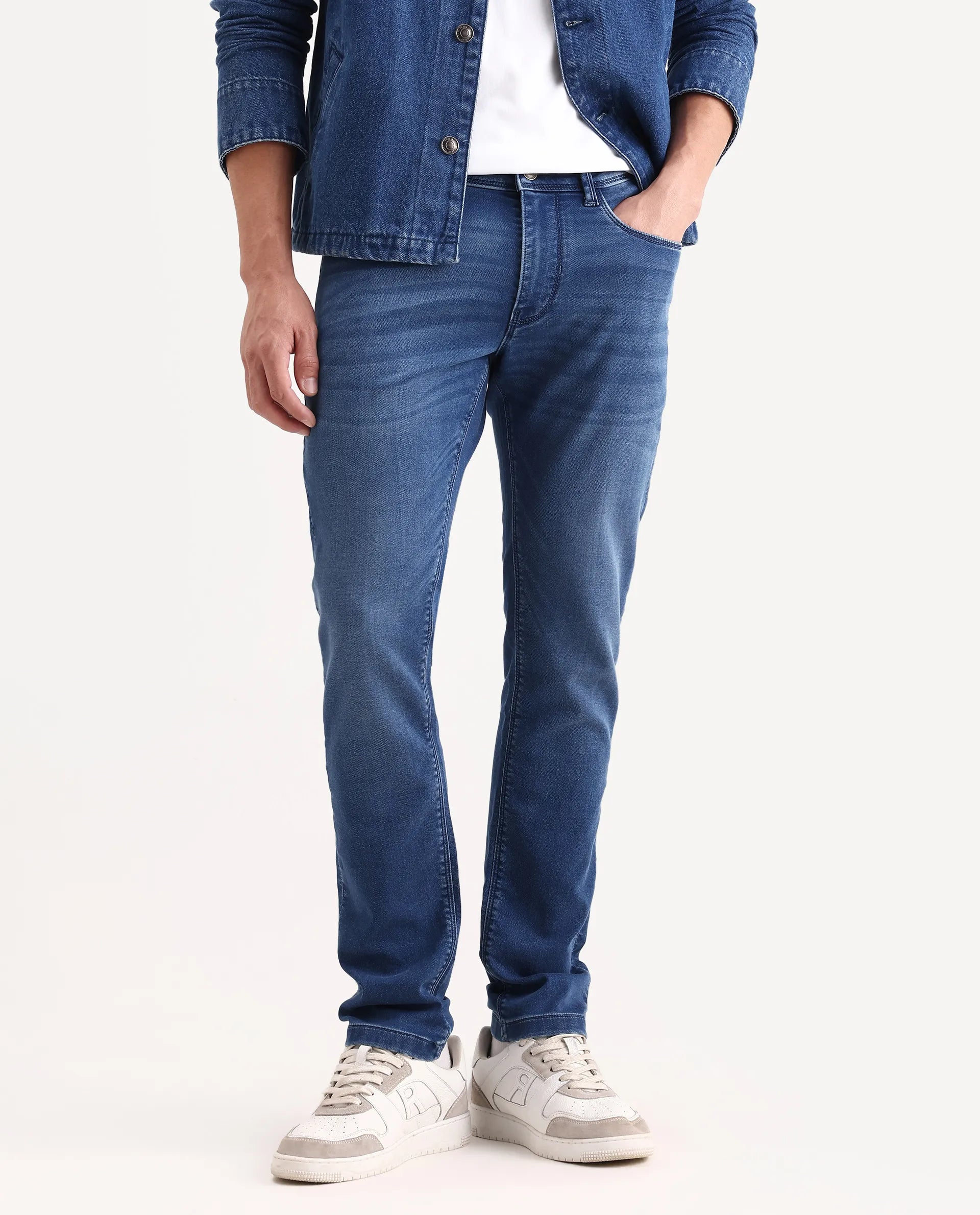 Rare Rabbit Men's Switz-2 Blue Cotton Blend Fabric Hawk Slim Plain Jeans